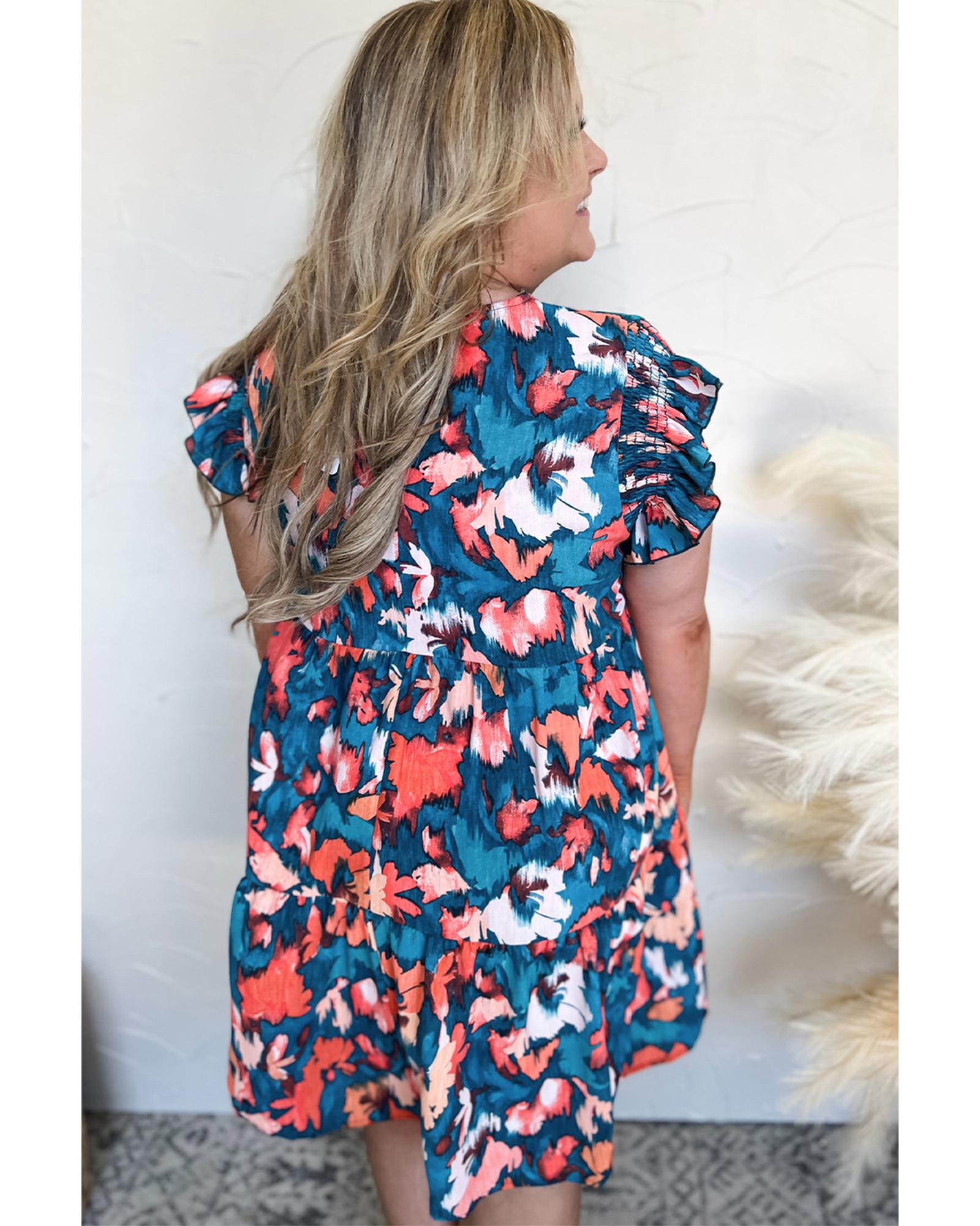 V539-AZEXPL612351-P520-4X-202508301910-01 Blue Abstract Print Shirred Ruffled Short Sleeve Tiered Plus Size Mini Dress - 4X - Image 2