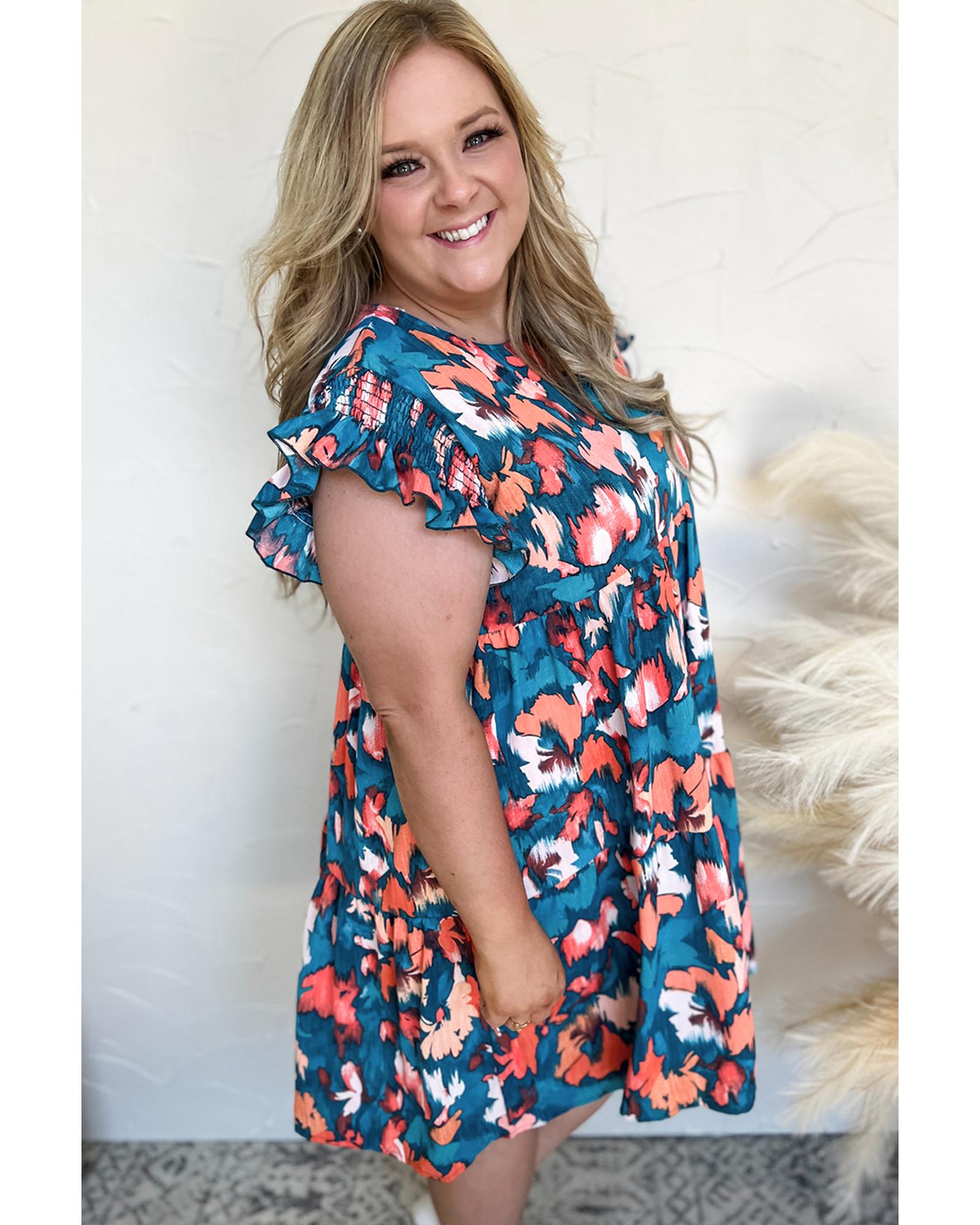 V539-AZEXPL612351-P520-4X-202508301910-02 Blue Abstract Print Shirred Ruffled Short Sleeve Tiered Plus Size Mini Dress - 4X - Image 3