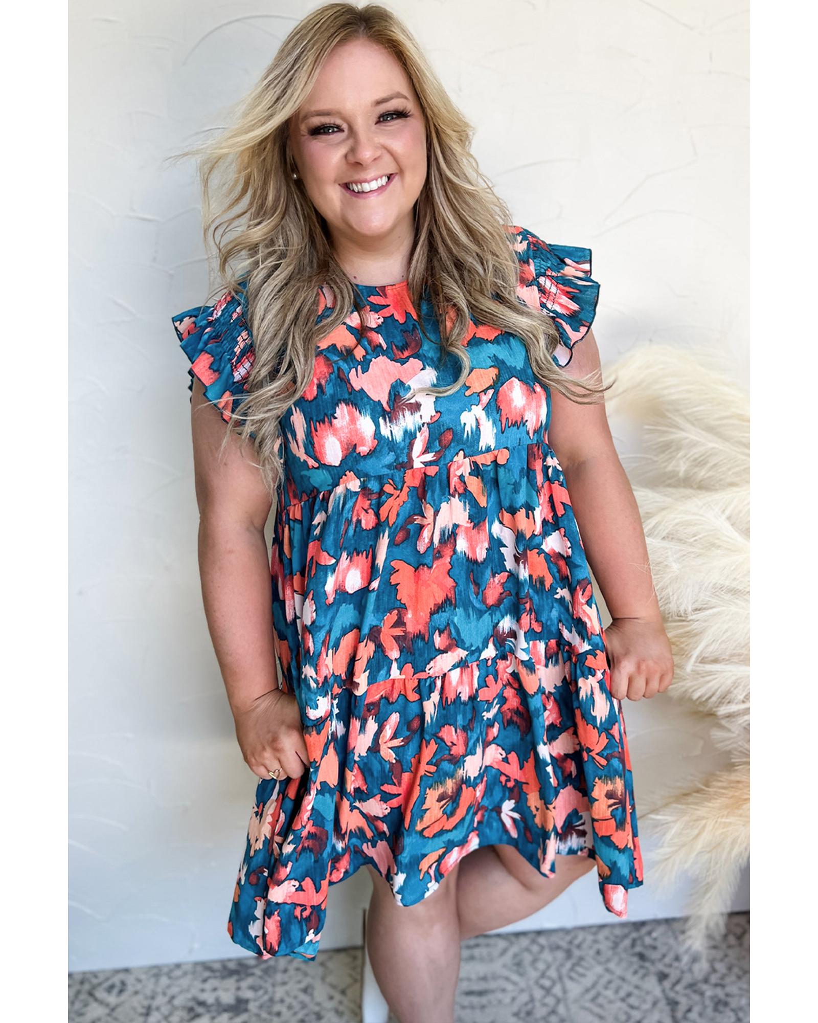 V539-AZEXPL612351-P520-4X-202508301910-03 Blue Abstract Print Shirred Ruffled Short Sleeve Tiered Plus Size Mini Dress - 4X - Image 4