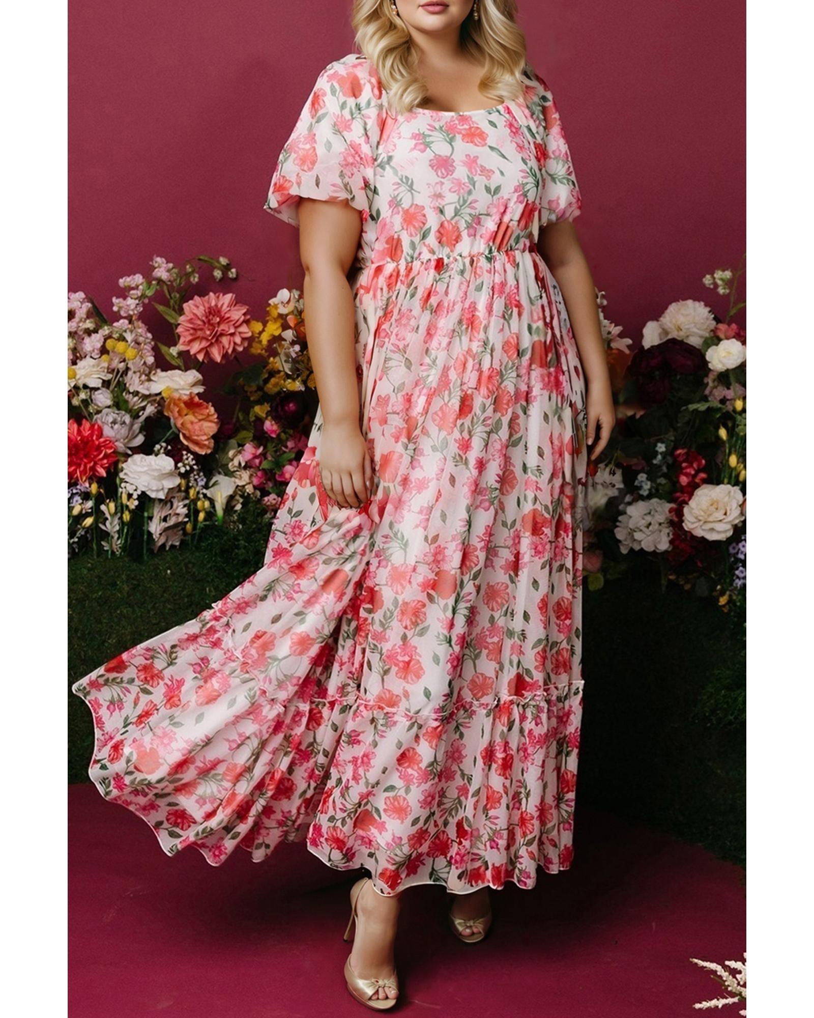 V539-AZEXPL6124210-P1020-3X-202508301350-00 Pink Plus Size Floral Square Neck Puff Sleeve Ruffle Maxi Dress - 3X - Image 1