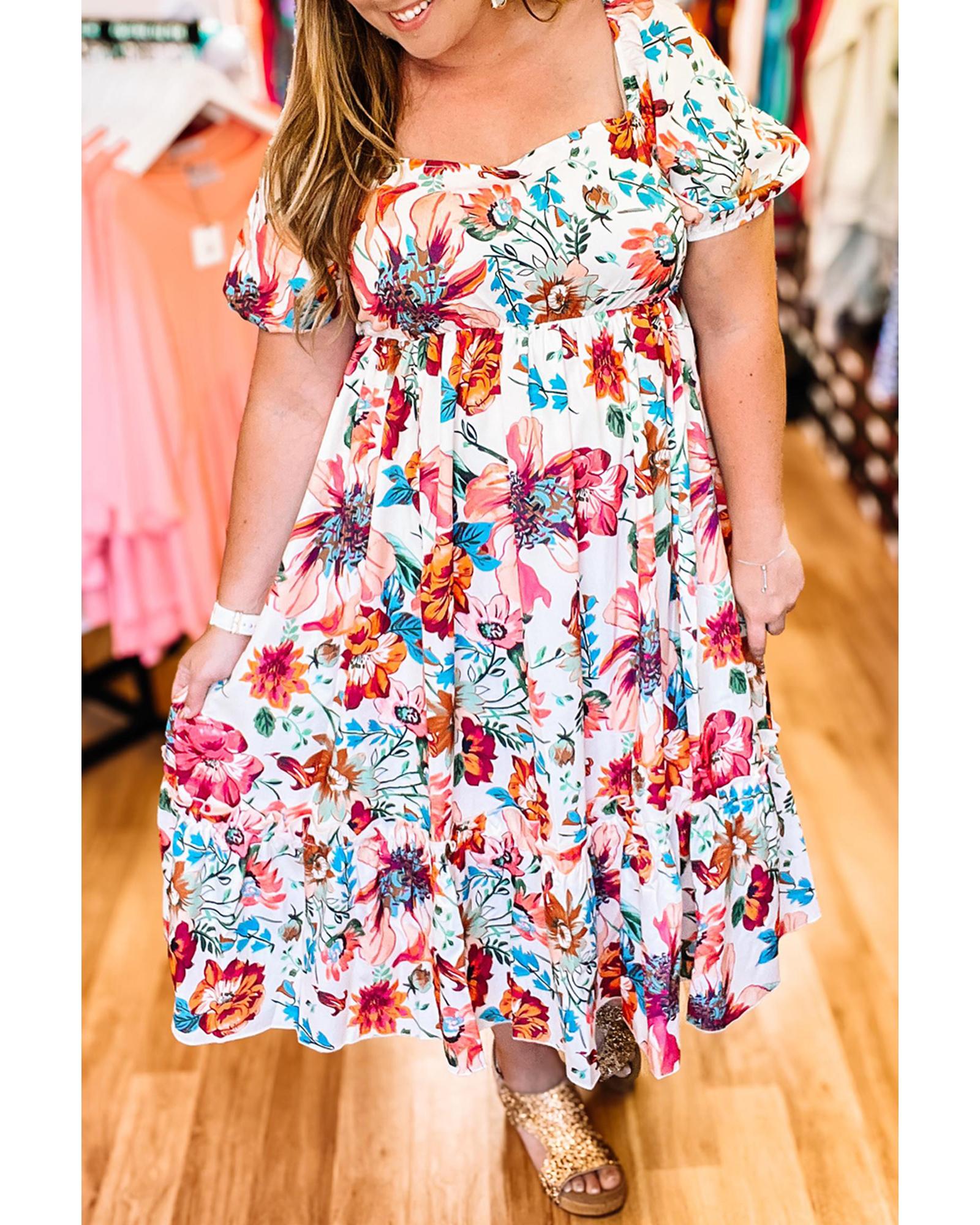 V539-AZEXPL612567-P120-2X-202508301550-00 White Floral Square Neck Puff Sleeve Flowy Plus Size Midi Dress - 2X - Image 1