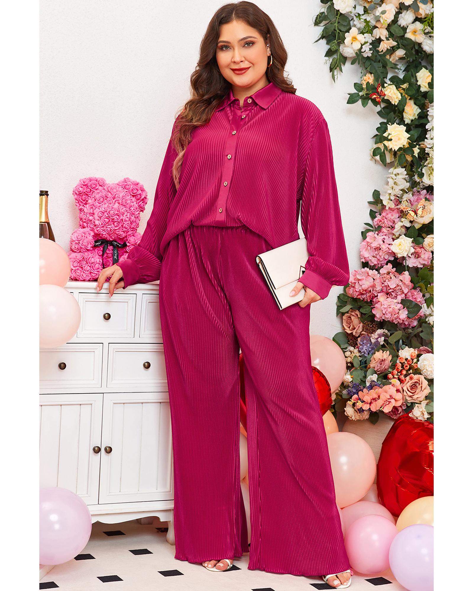 V539-AZEXPL62157-P6-2X-202508301410-00 Rose Red Plus Size Ribbed Long Sleeve Shirt and Pants Pajama Set - 2X - Image 1