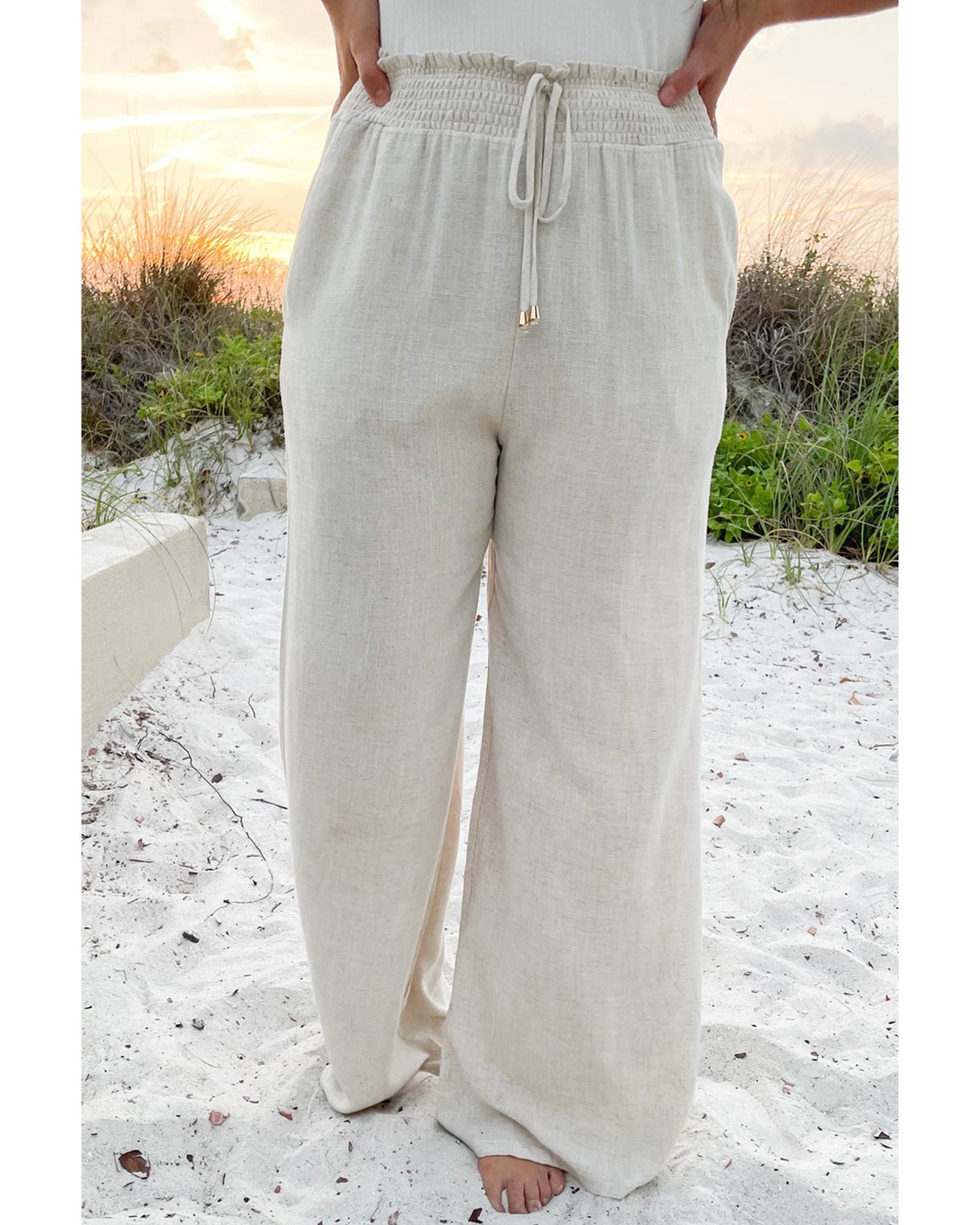 V539-AZEXPL771373-P15-3X-202508300825-00 Beige Smocked High Waist Wide Leg Plus Size Pants - 3X - Image 1