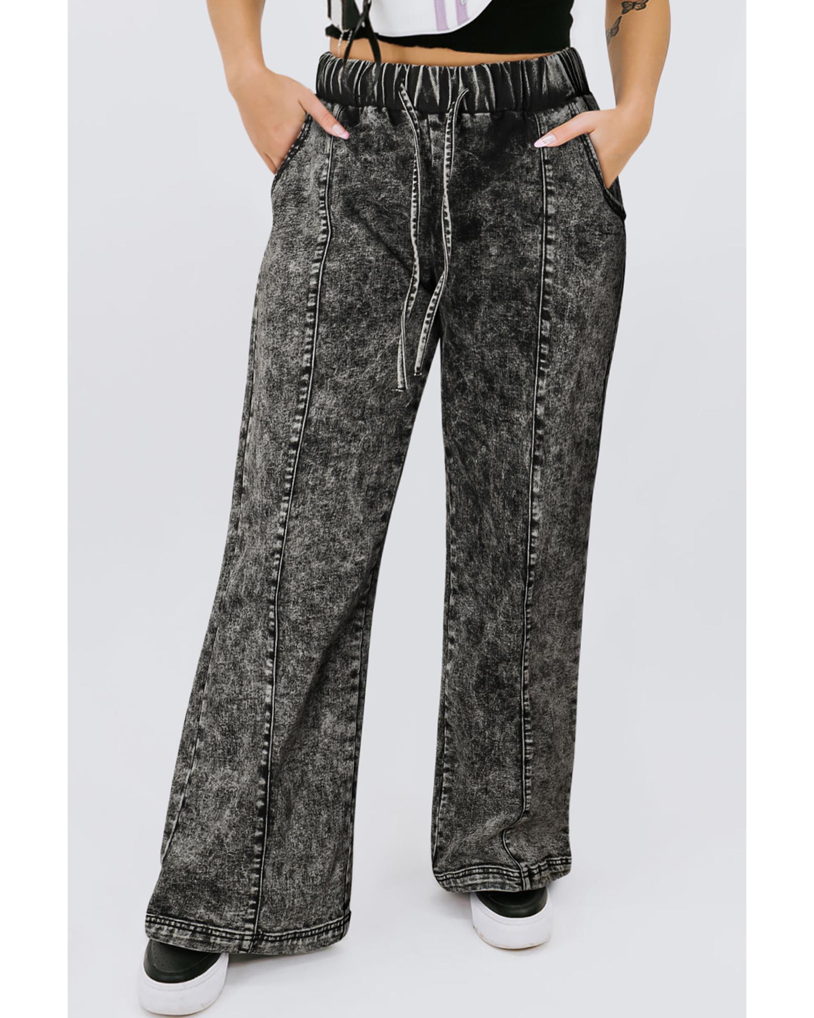 V539-AZEXPL787148-P2-2X-202506152040-00 Black Plus Size Tie Dye Drawstring Splicing Wide Leg Jeans - 2X - Image 1
