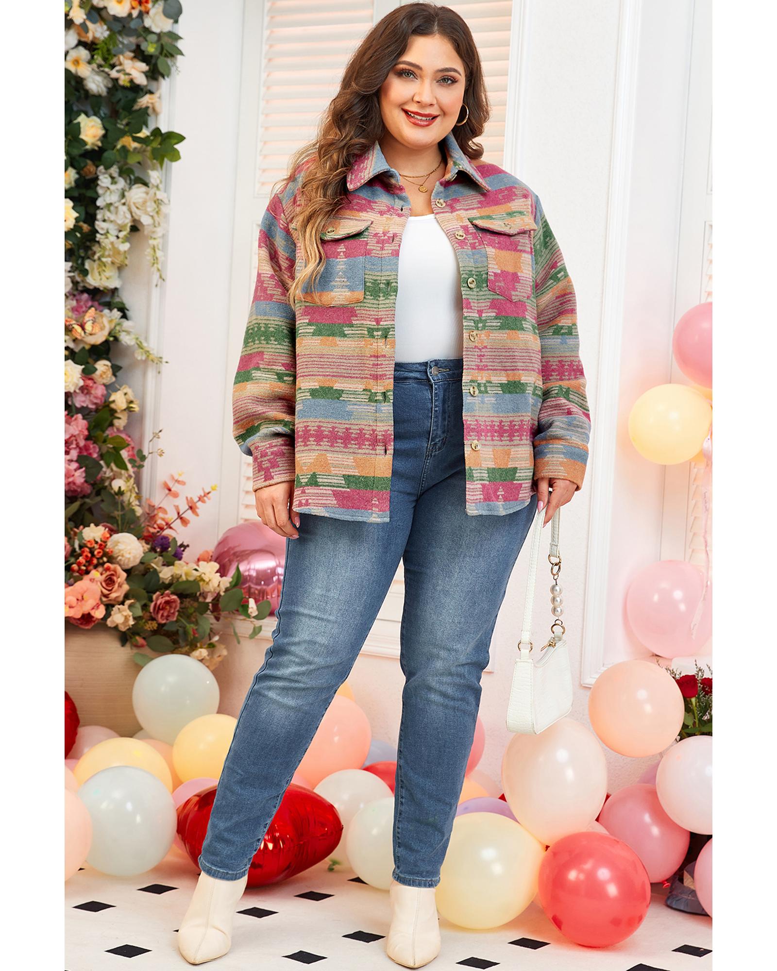 V539-AZEXPL851190-P1022-2X-202508310140-00 Pink Plus Size Aztec Printed Flap Pocket Shacket - 2X - Image 1
