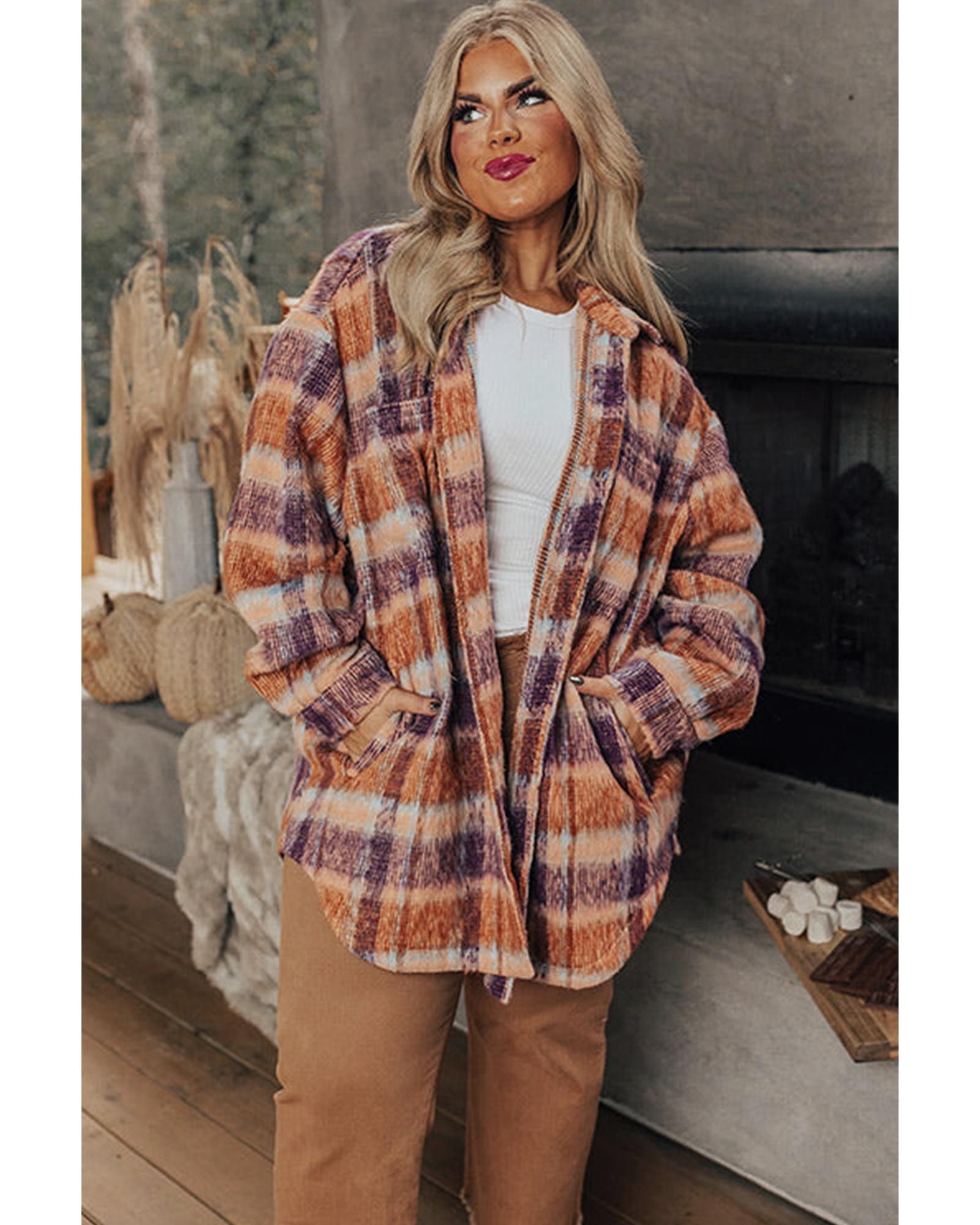 V539-AZEXPL851225-P22-1X-202506152153-00 Multicolour Plus Size Plaid Print Collared Button up Jacket - 1X - Image 1