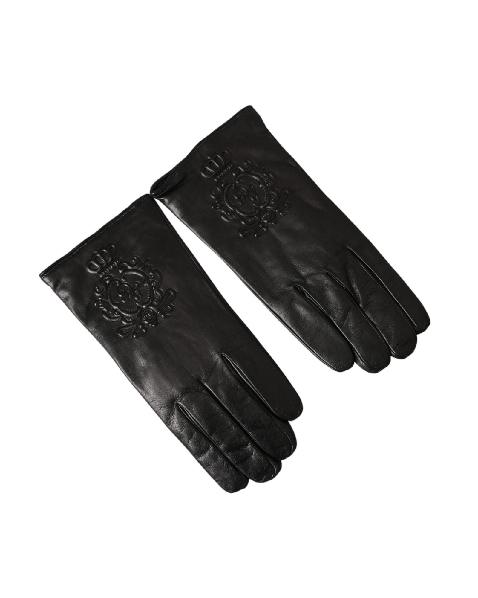 V539-LB30150-10-202506170630-00 Dolce & Gabbana Men's Black Leather Embossed Logo Short Hands Gloves - 10 - Image 1