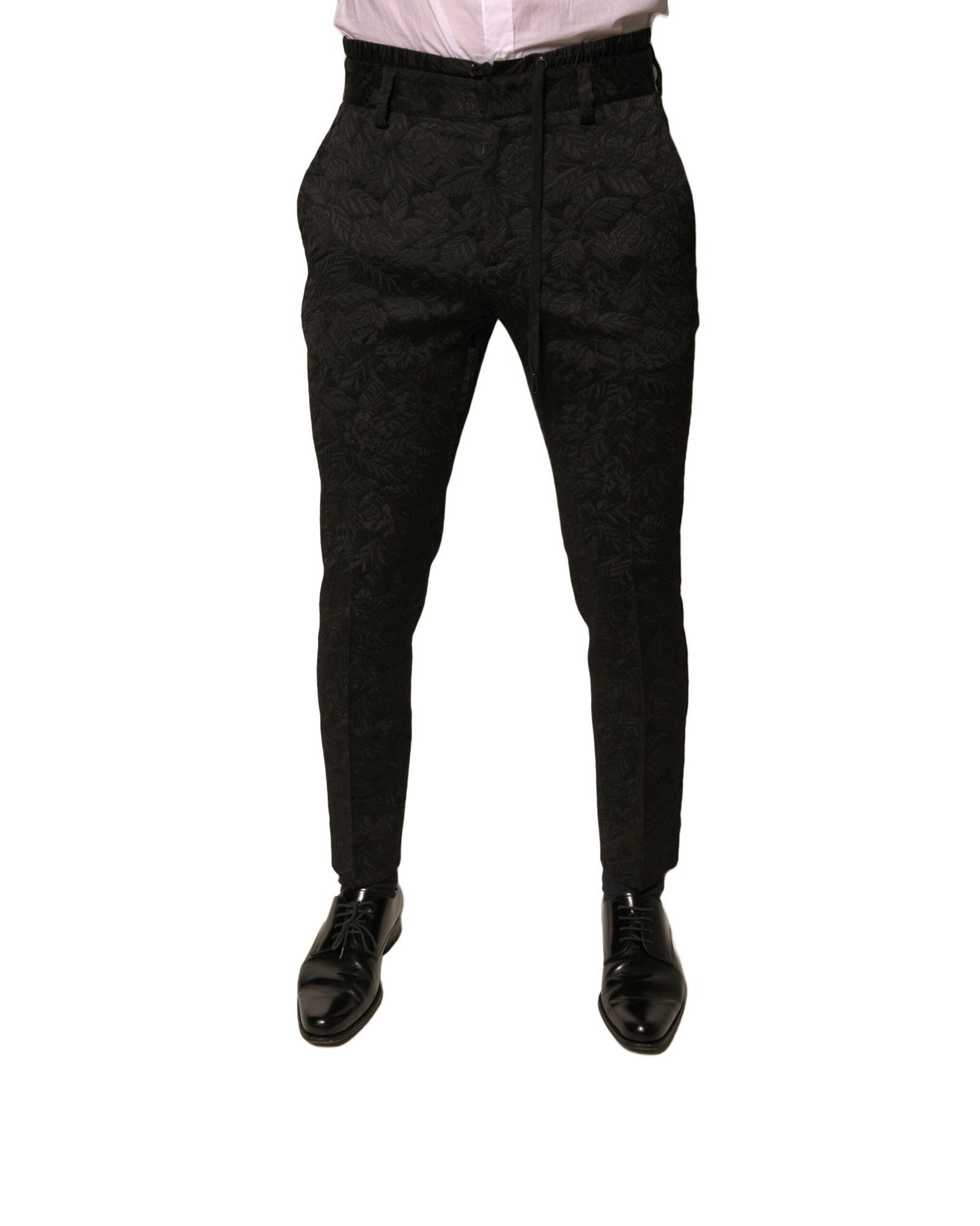 V539-PAN76081-44-202506180431-00 Dolce & Gabbana Men's Black Brocade Polyester Skinny Dress Pants - 44 IT - Image 1