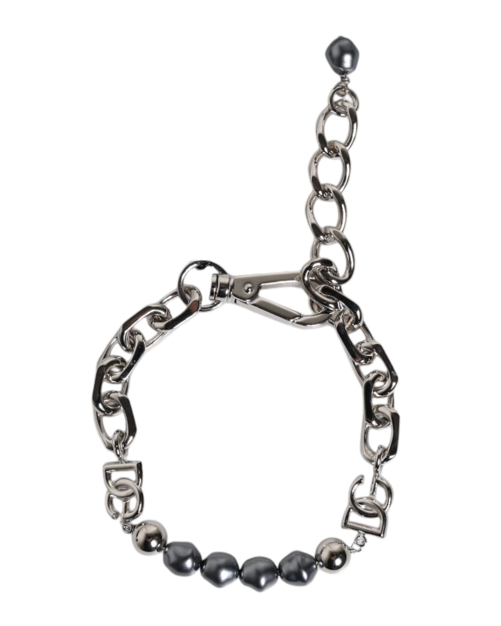 V539-SMY10436-202506180622-01 Dolce & Gabbana Men's Silver Tone Chain Lobster Clasp Logo Gray Pearls Bracelet - One Size - Image 2