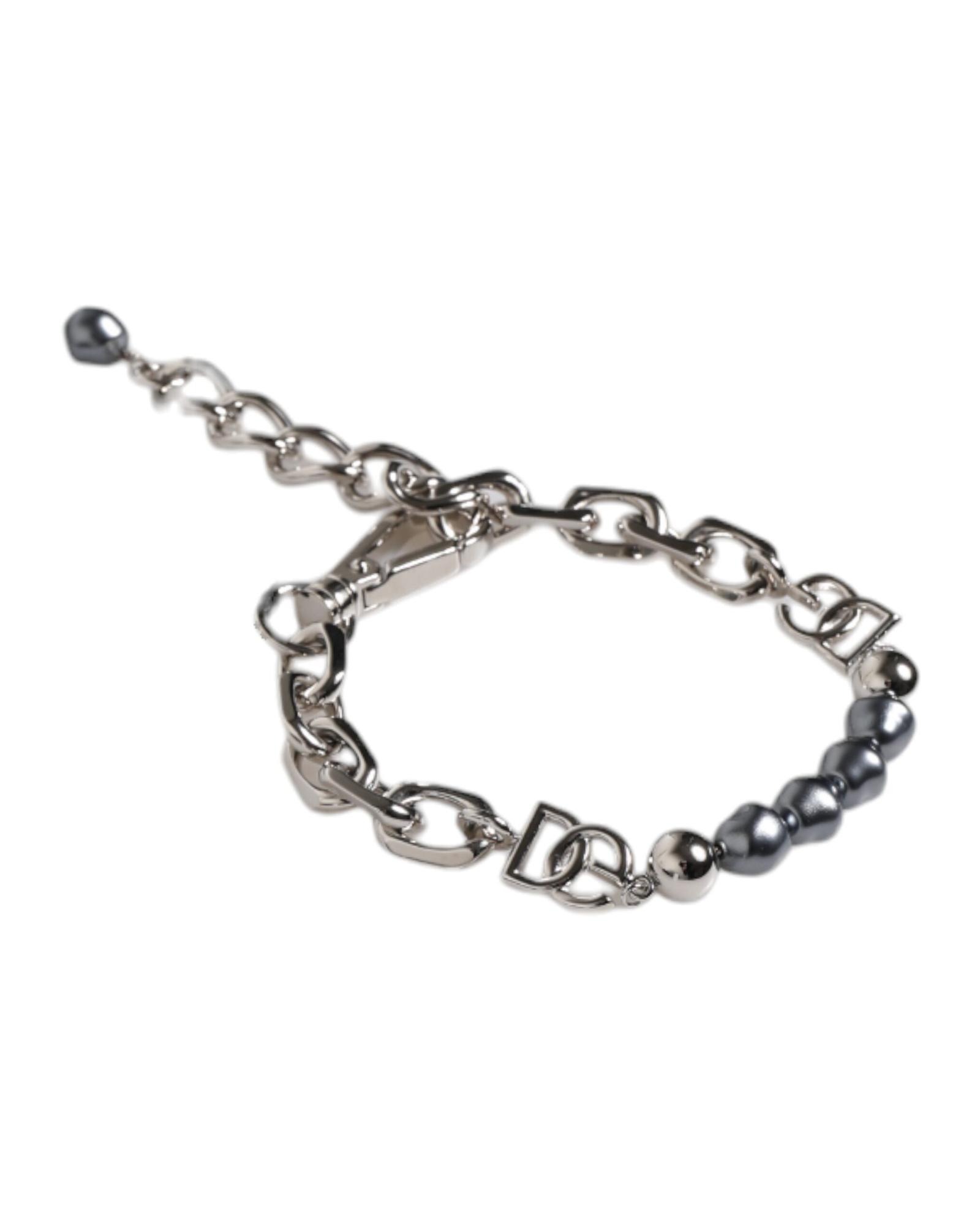 V539-SMY10436-202506180622-02 Dolce & Gabbana Men's Silver Tone Chain Lobster Clasp Logo Gray Pearls Bracelet - One Size - Image 3