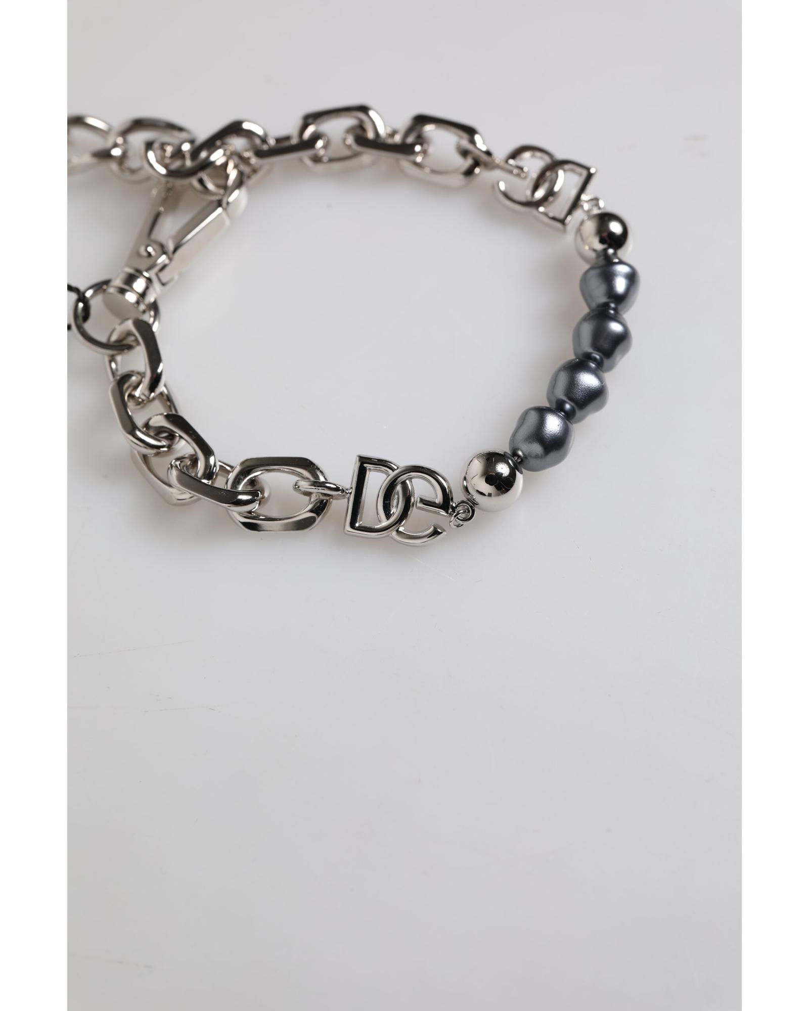 V539-SMY10436-202506180622-03 Dolce & Gabbana Men's Silver Tone Chain Lobster Clasp Logo Gray Pearls Bracelet - One Size - Image 4