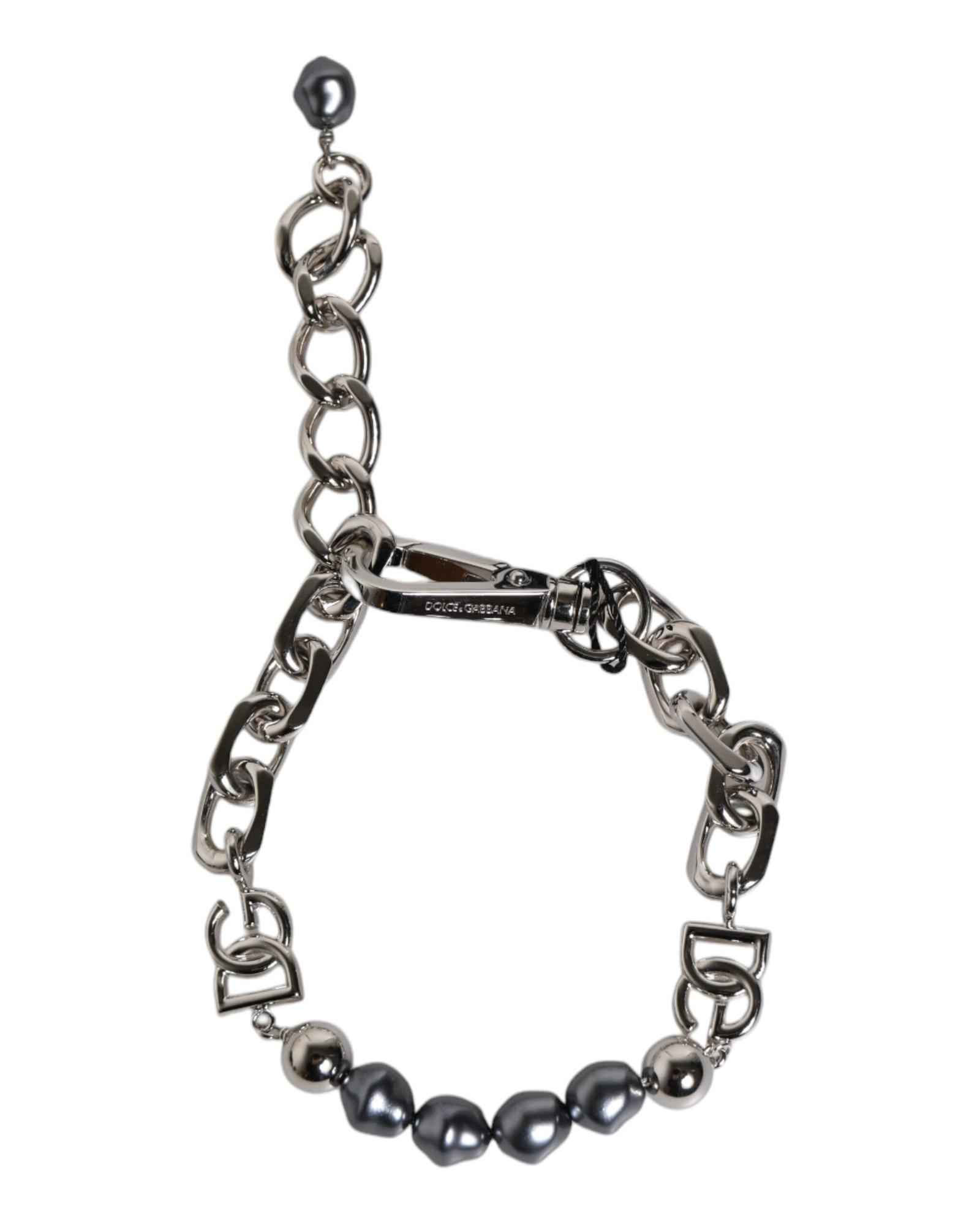 V539-SMY10436-202506180622-05 Dolce & Gabbana Men's Silver Tone Chain Lobster Clasp Logo Gray Pearls Bracelet - One Size - Image 6