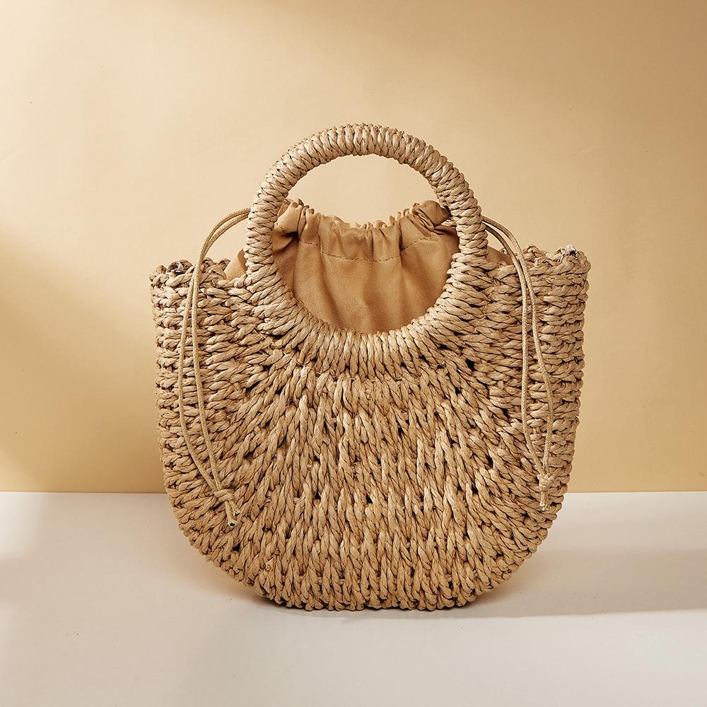 V562-1010154060DBT-202505191641-04 Beige Half Moon Straw Tote Woven Beach Bag - Camel - Image 5