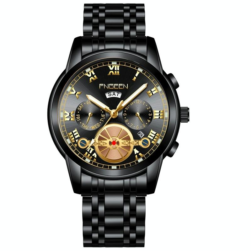 V562-1177801650DBT-202502212250-00 Men Multi-function Quartz Watch - Black Steel with Gold Accents - Image 1