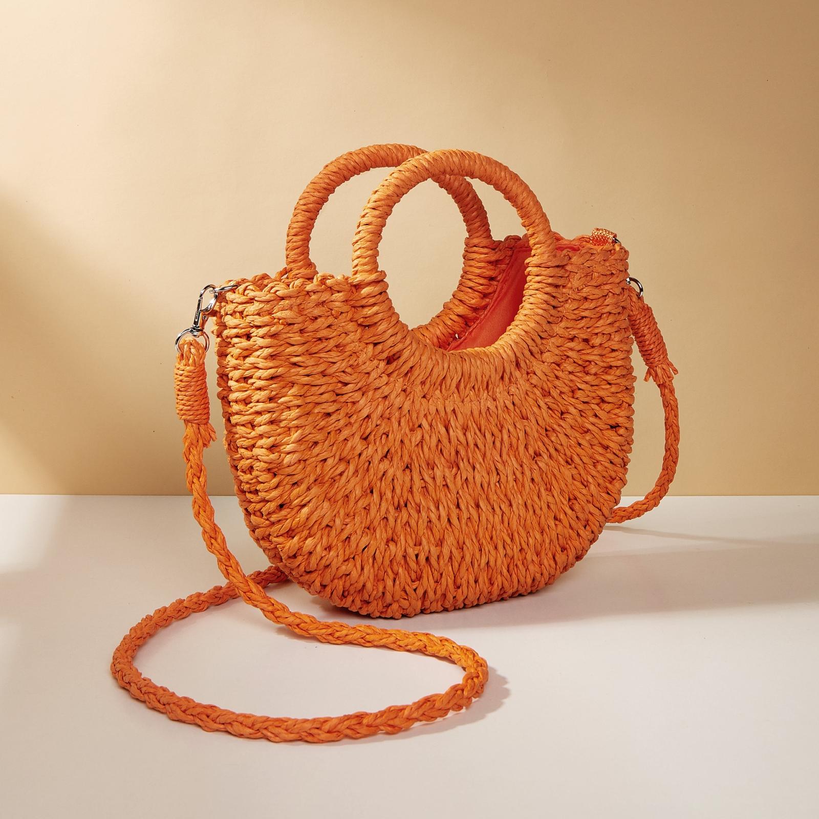 V562-4010154060DBT-202505191641-10 Beige Half Moon Straw Tote Woven Beach Bag - Orange Red - Image 11