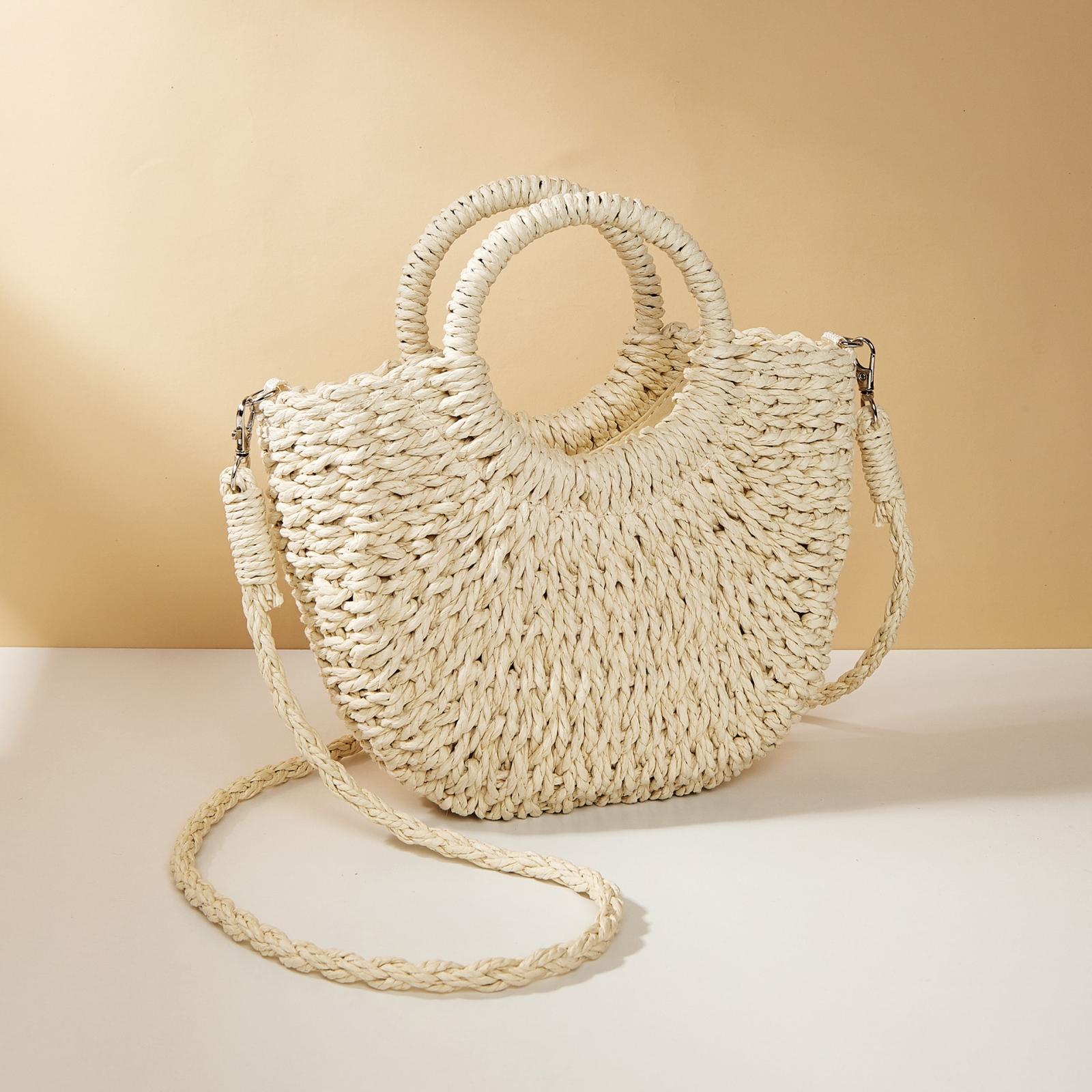 V562-4010154060DBT-202505191641-11 Beige Half Moon Straw Tote Woven Beach Bag - Orange Red - Image 12