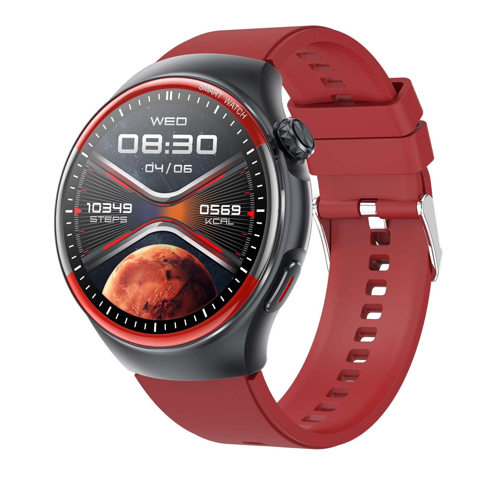 V562-406073700ADE-202504171920-00 Smart Round Screen Watch With Bt Call And Health Tracking - Leather - Silicone Red - Image 1