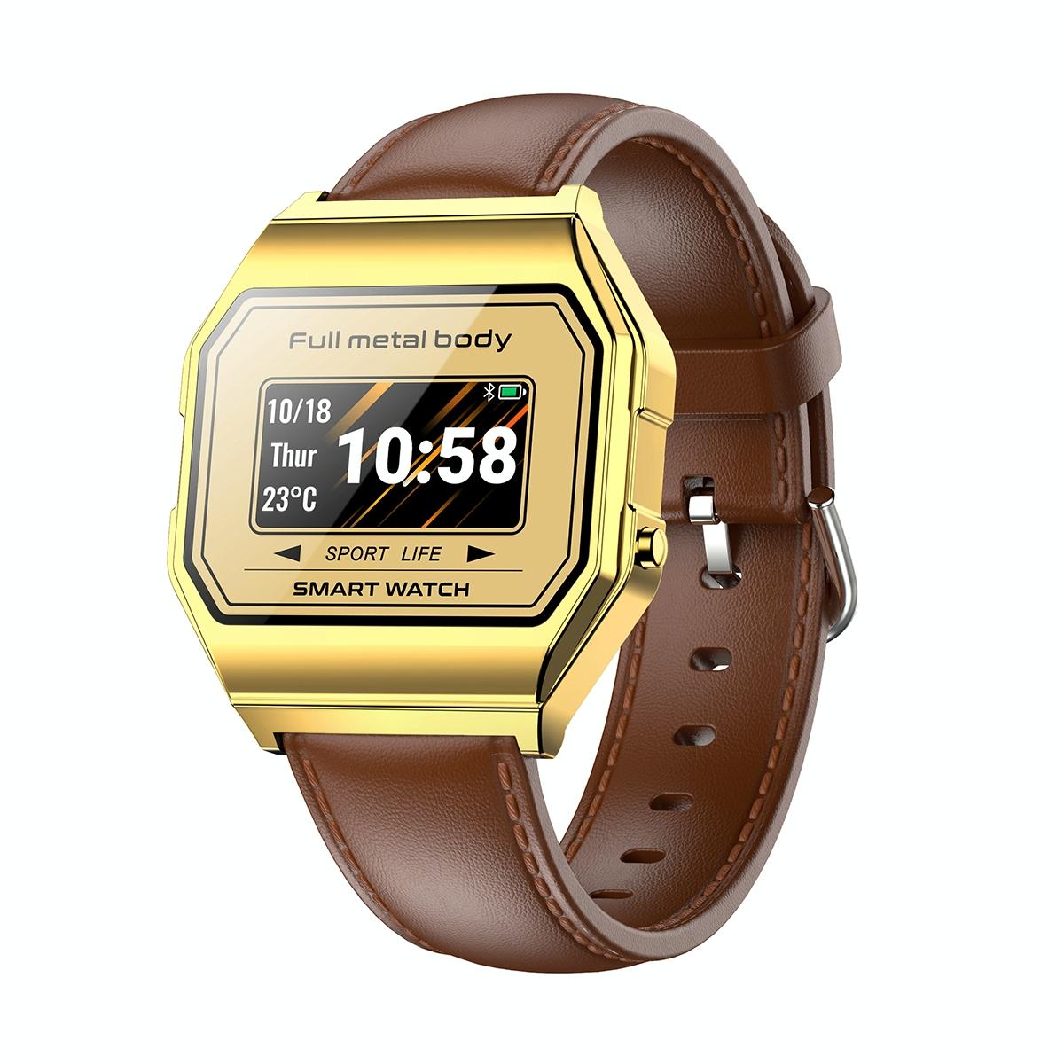 V562-B104237100AYS-202504181125-01 Leather Band Smartwatch With Waterproof Colour Screen - Gold - Image 2