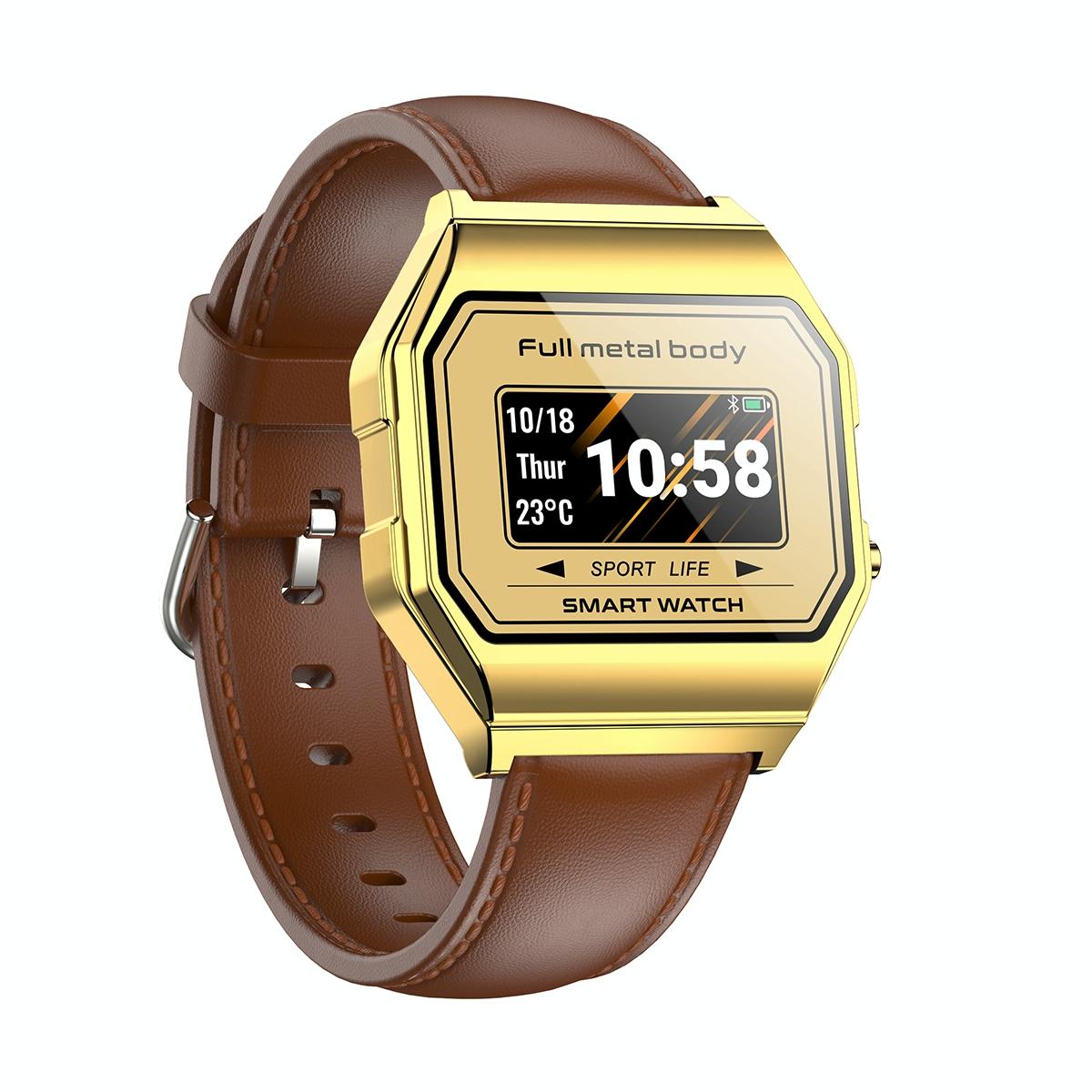 V562-B104237100AYS-202504181125-02 Leather Band Smartwatch With Waterproof Colour Screen - Gold - Image 3