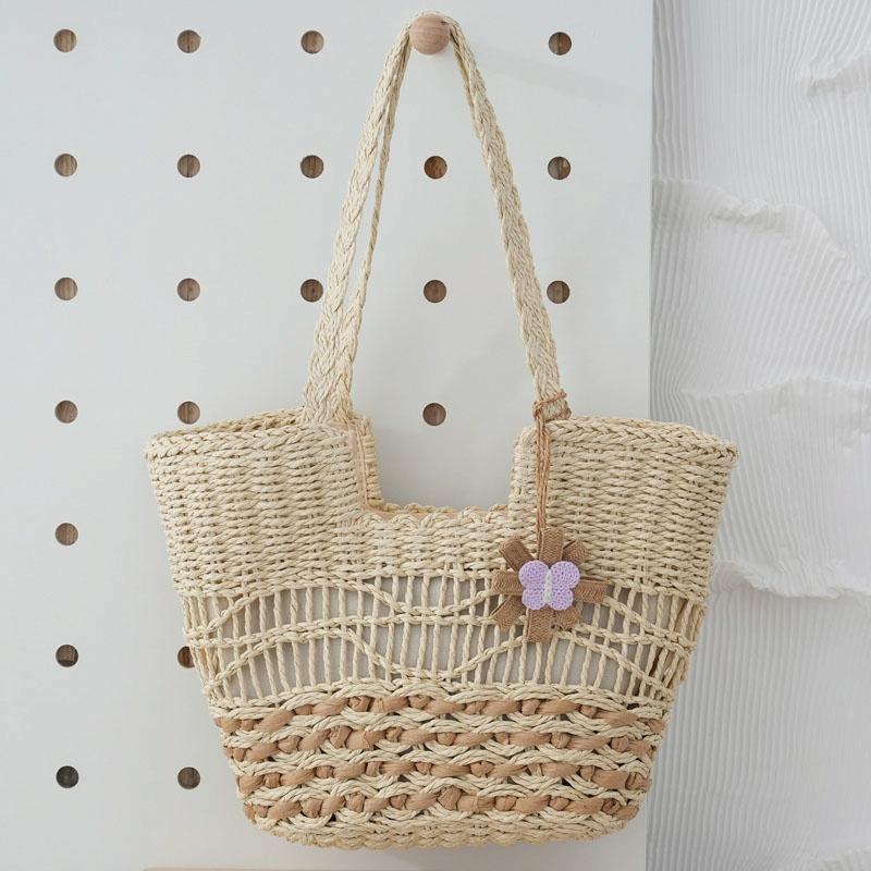 V562-B1056674060DBT-202504251732-00 Large Capacity Straw Tote Bag with Hollow Wave Design and Lining - Beige - Image 1