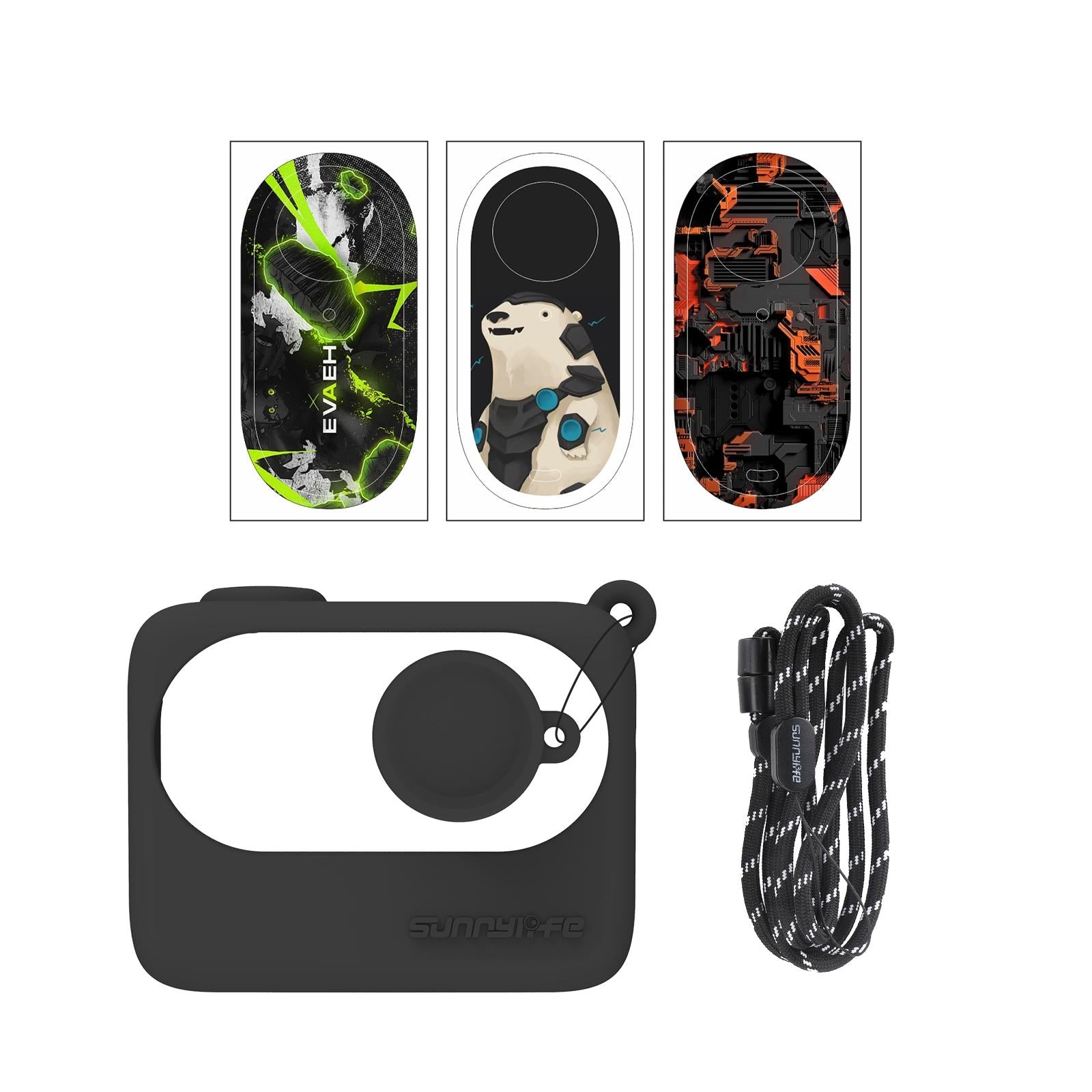 V562-B107965500ADE-221890-00 Silicone Case for Insta360 Go 3 with Neck Strap and Skin Wrap - Black - Image 1
