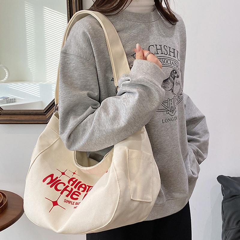 V562-B1096484060DBT-202505201313-06 Printed Letter Canvas Tote For Women Spacious & Casual - Khaki - Image 7