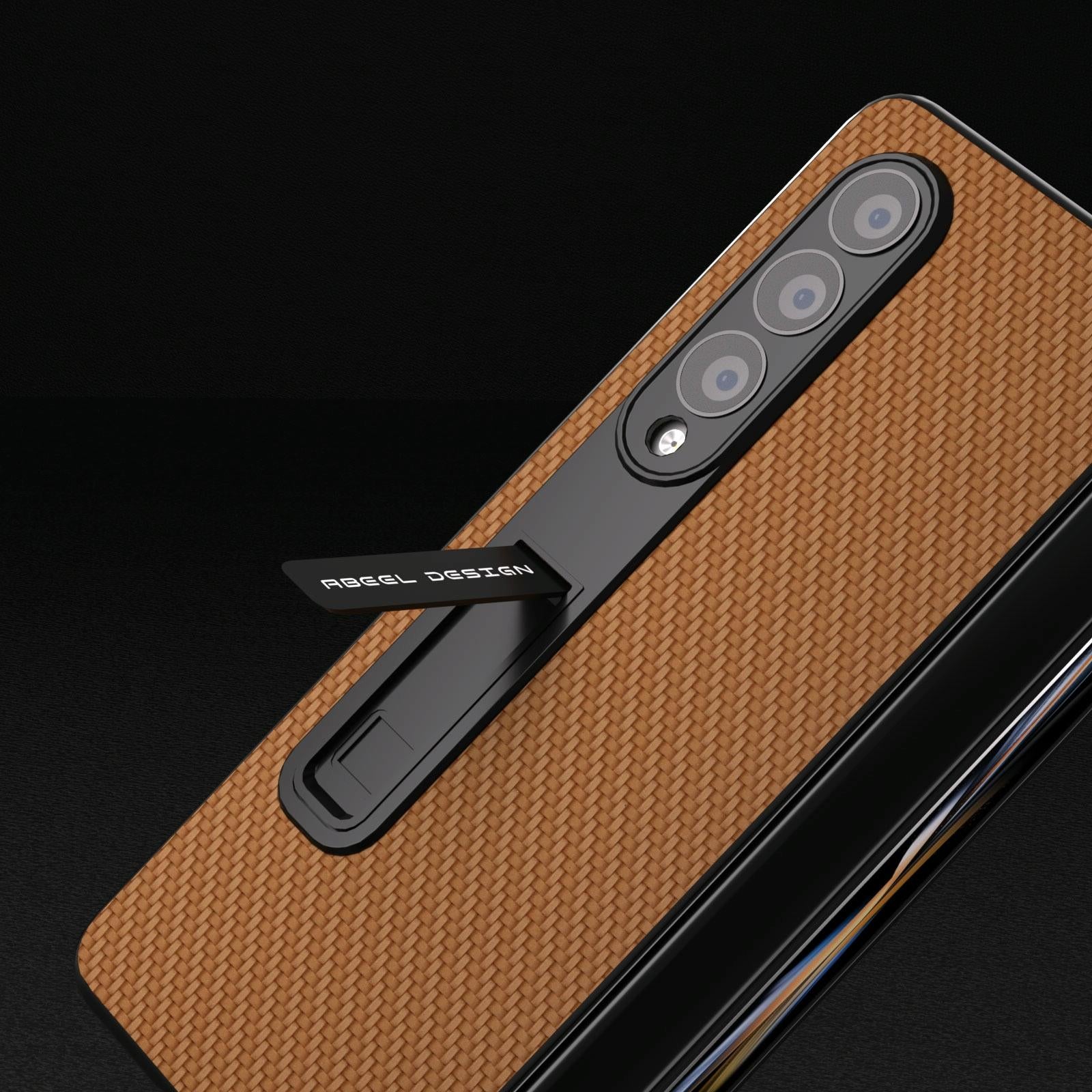 V562-B202707400ADE-202505221916-09 For Samsung Galaxy Z Fold4 5G Carbon Fiber Phone Case With Holder - Dark Brown - Image 10