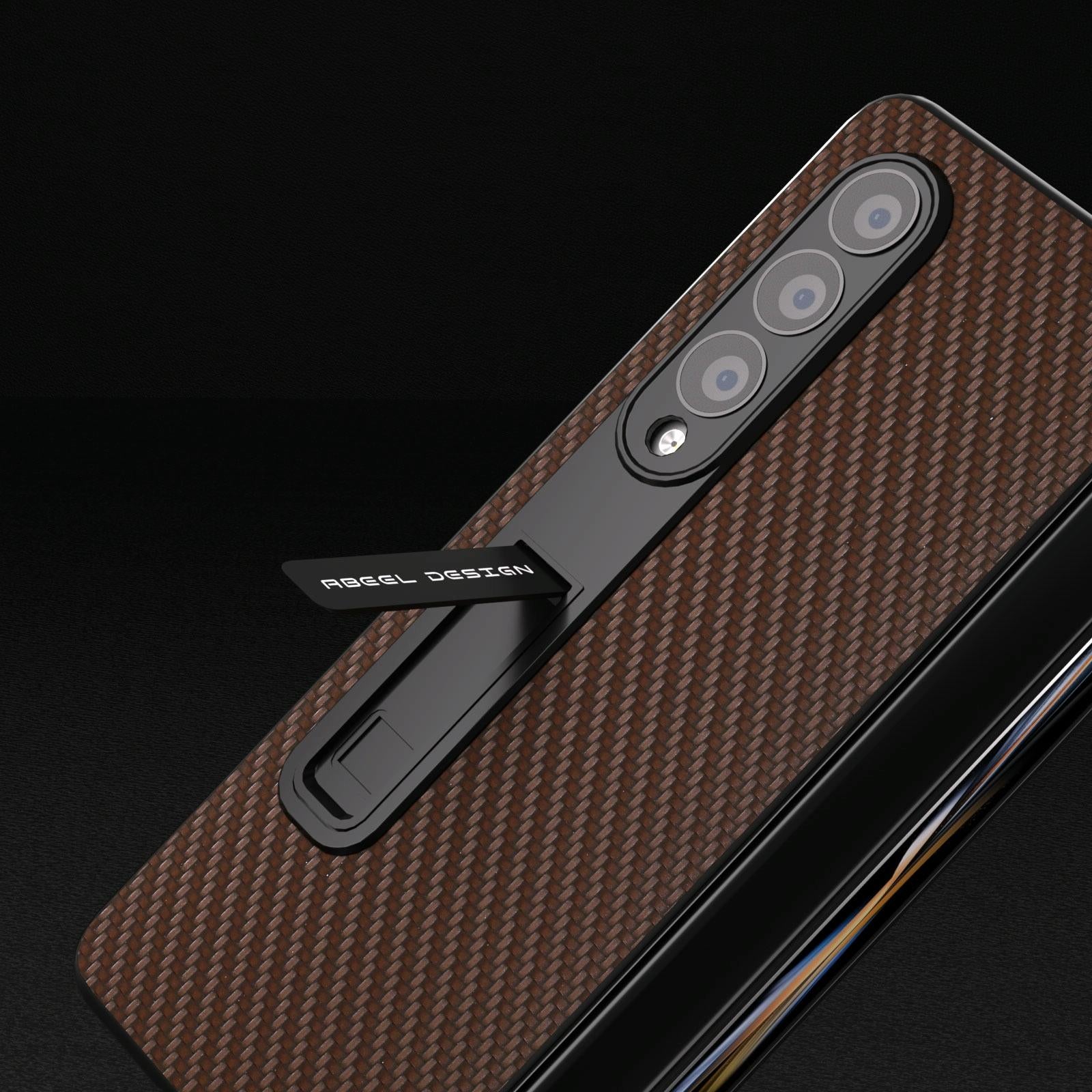 V562-B202707400ADE-202505221916-14 For Samsung Galaxy Z Fold4 5G Carbon Fiber Phone Case With Holder - Dark Brown - Image 15