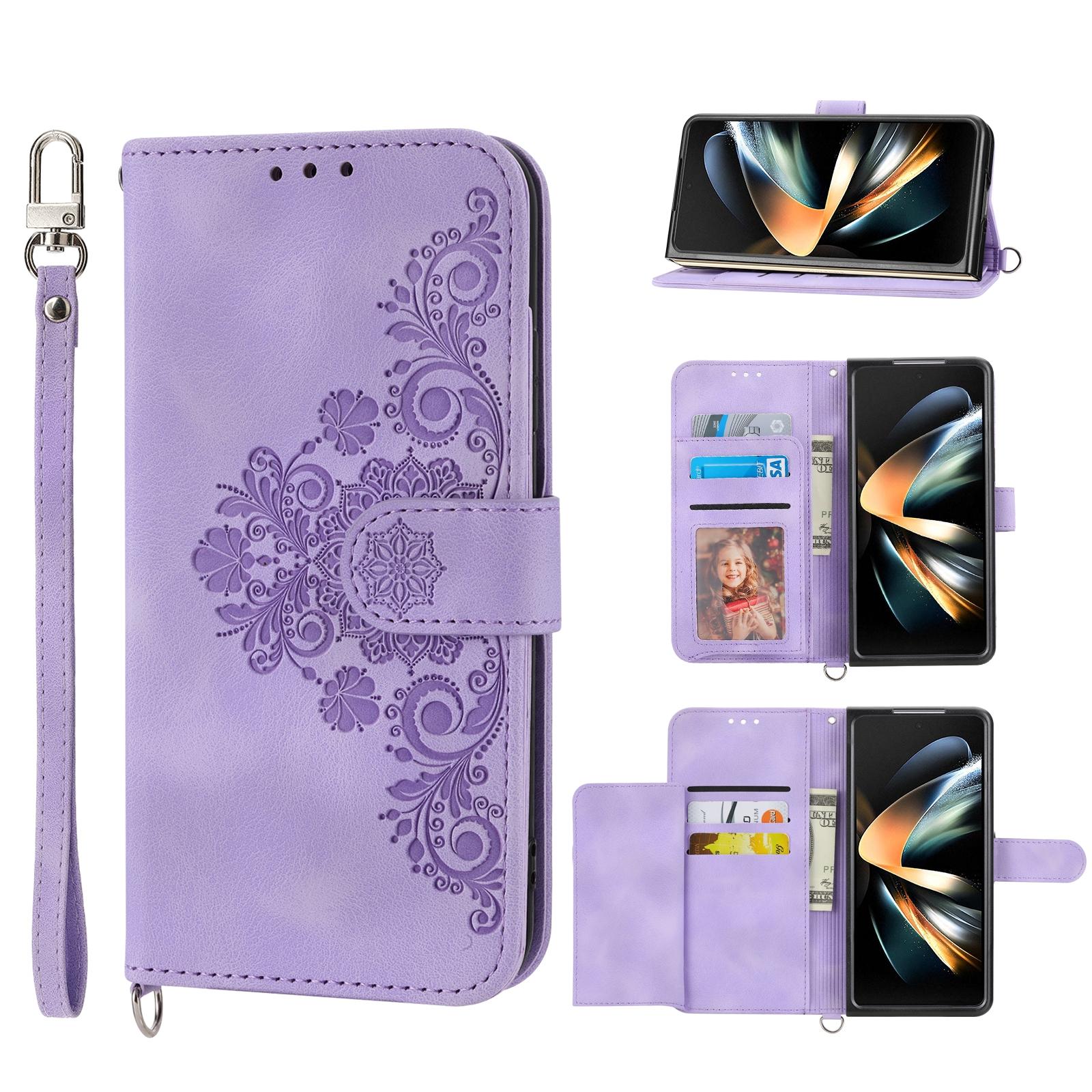 V562-B407558300ADE-202503211335-13 For Samsung Galaxy Z Fold4 5G Floral Leather Phone Wallet - Embossed - Pink - Image 14