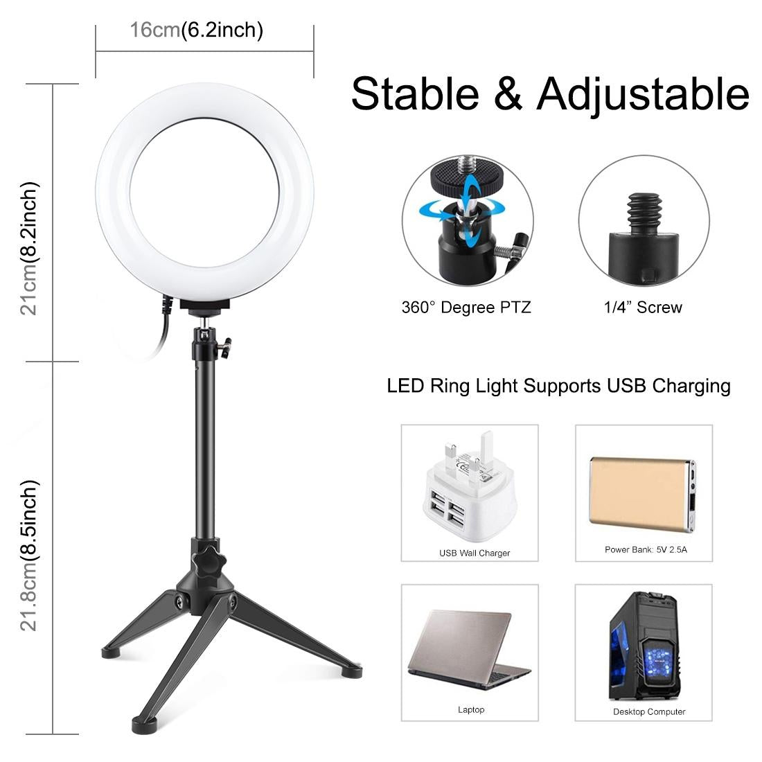 V562-B8403TKP-202502212115-04 6.2 Usb Led Ring Light with 10 Modes & Desktop Tripod Mount - Black - Image 5