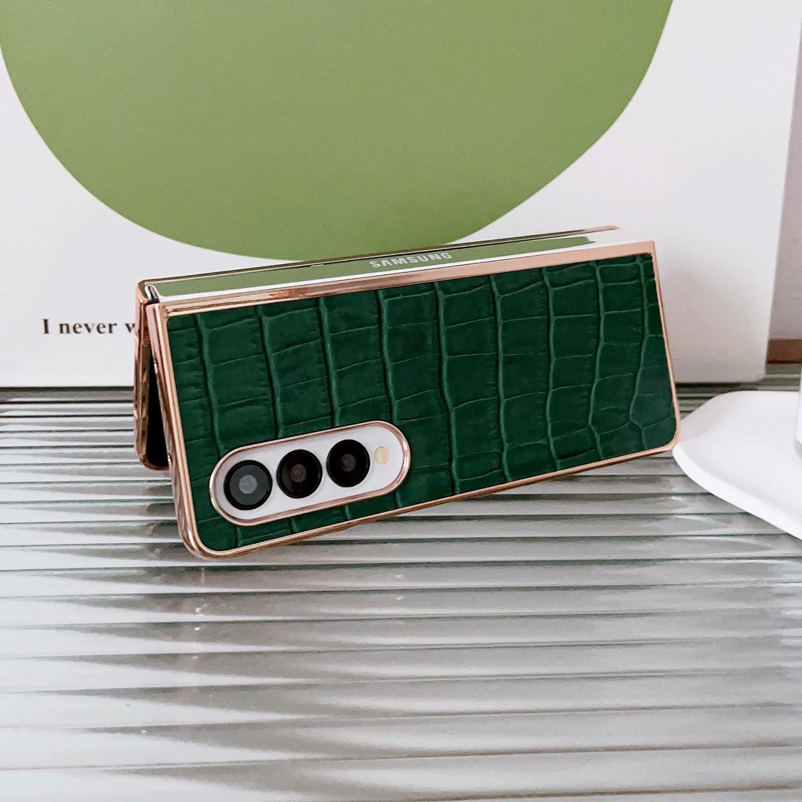 V562-B904538300ADE-202505221848-04 For Samsung Galaxy Z Fold4 5G Crocodile Leather Phone Case - Electroplated - Dark Green - Image 5