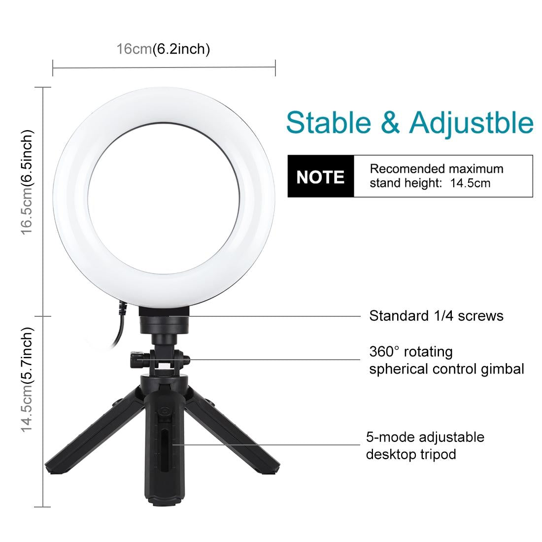 V562-B9503TKP-202503061905-05 6.2 Led Ring Light with Usb 3 Modes Dimmable Vlogging Photography Video Pocket Tripod Mount Cold Shoe Ball Head Black - Image 6