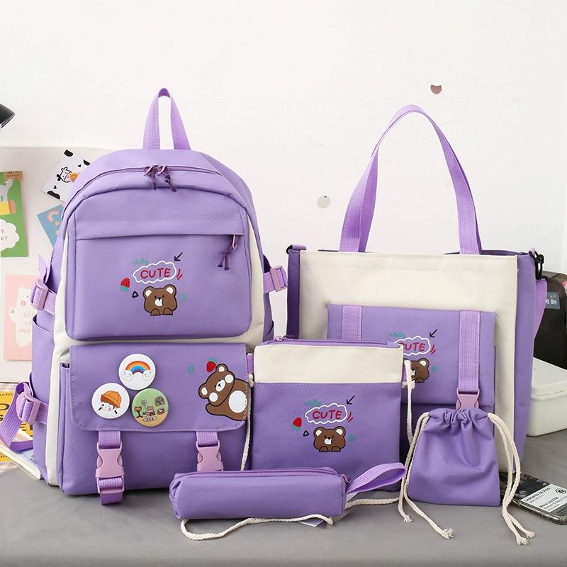 V562-C100676500ADE-202505211946-01 5-piece Girls Backpack Set - Lightweight and Versatile - Dark Purple - Image 2