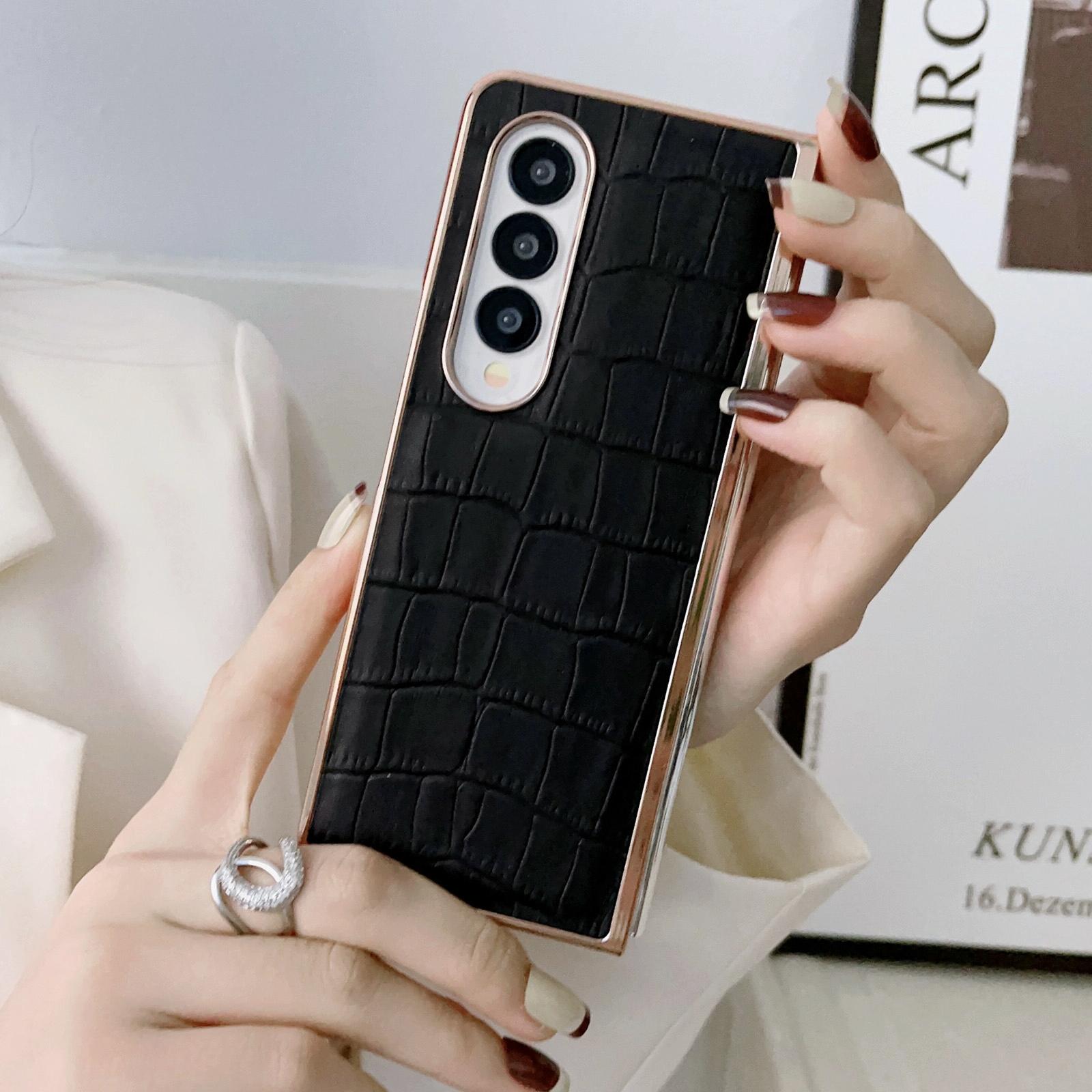 V562-C904538300ADE-202505221848-03 For Samsung Galaxy Z Fold4 5G Crocodile Leather Phone Case - Electroplated - Brown - Image 4