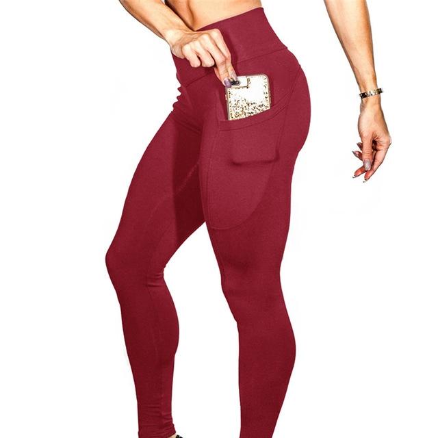 V562-D307983550DBT-202503261947-00 High Elastic Women Yoga Pants With Pockets Stretch Leggings For Jogging Workout And Running Size L - Red - Image 1