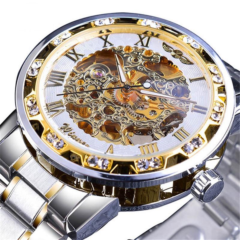 V562-E1022033060DBT-202505271230-00 Men Skeleton Diamond Mechanical Watch - Luminous Pointer - Silver Belt Gold Shell White Face - Image 1