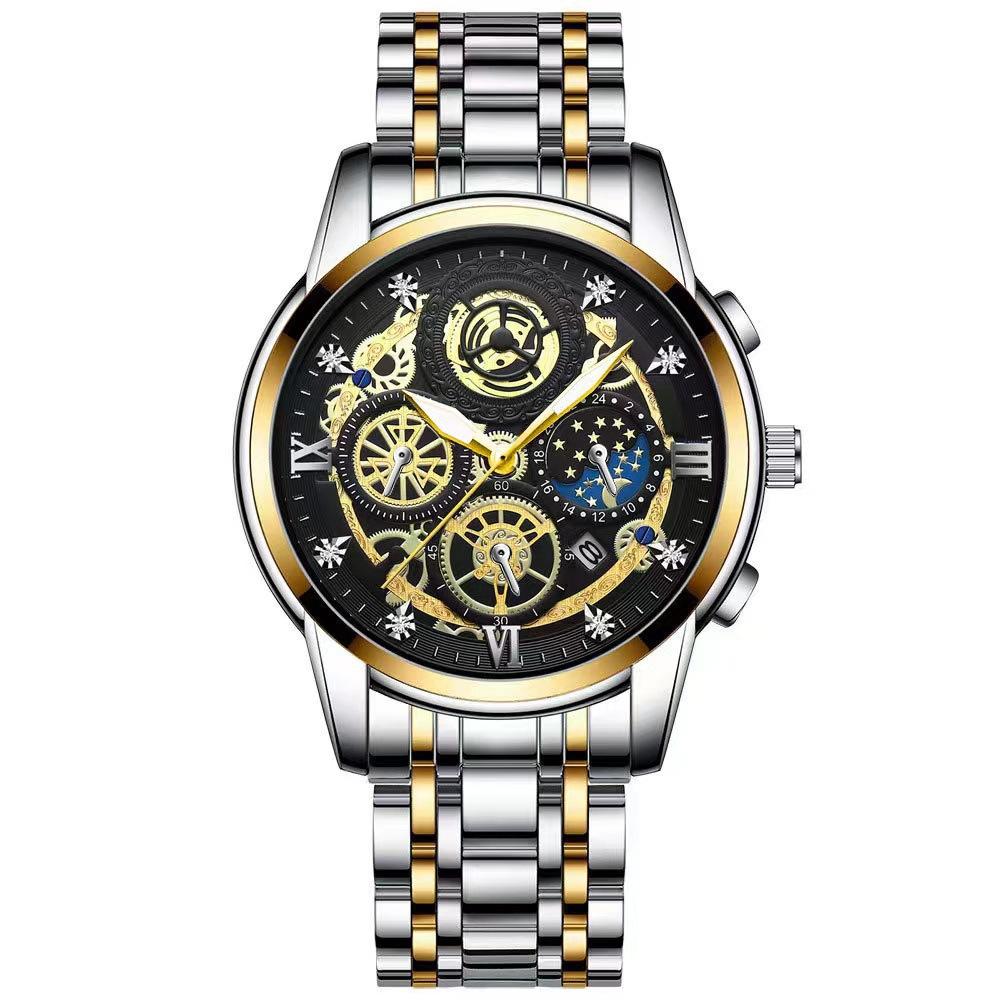 V562-E1076043060DBT-202504161905-00 Waterproof Luminous Quartz Watch with Multifunctional Design - Inter-Gold Black Surface - Image 1