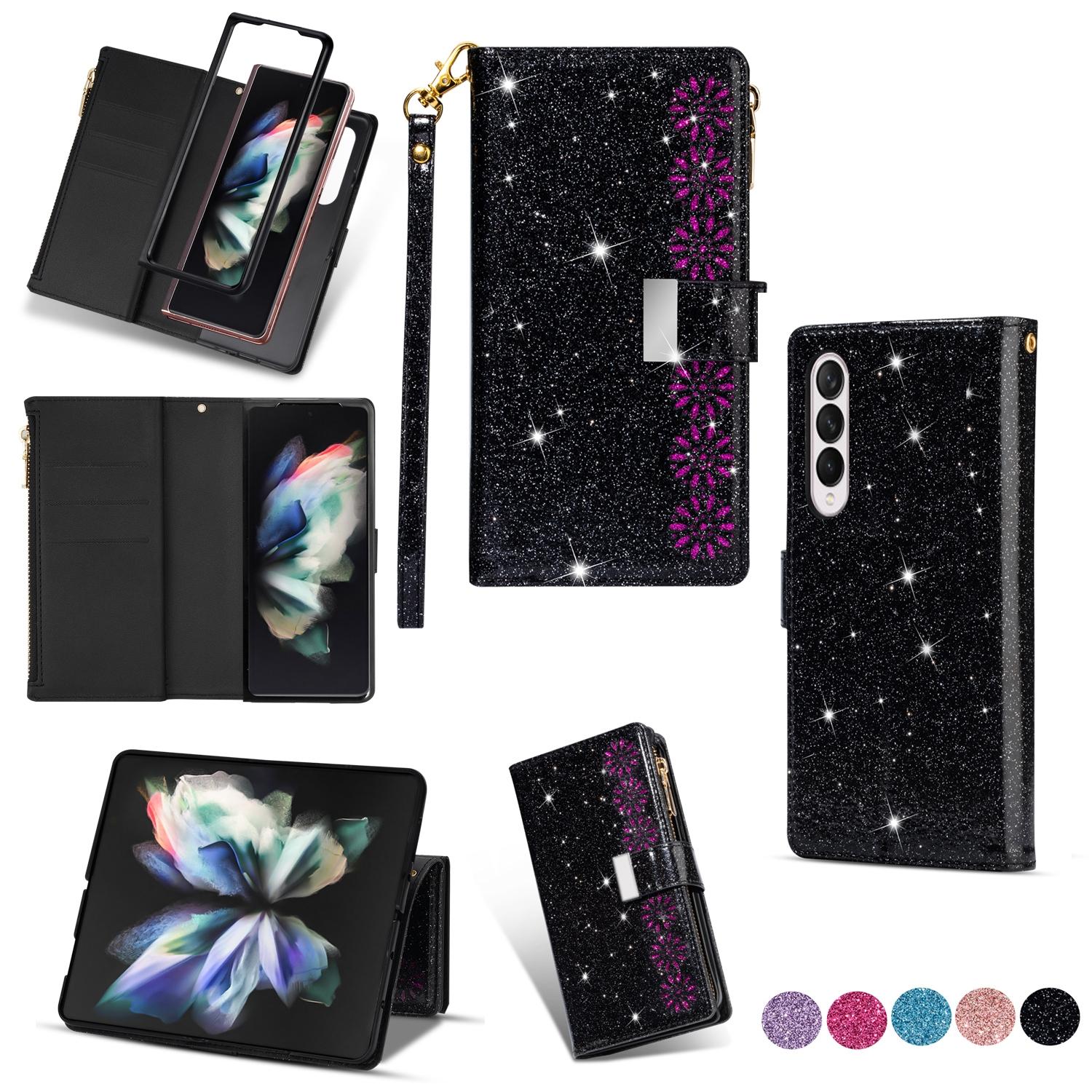 V562-E504564300ADE-202503211426-01 For Samsung Galaxy Z Fold4 5G Sparkling Leather Zip Case - Zipper Closure - Purple - Image 2