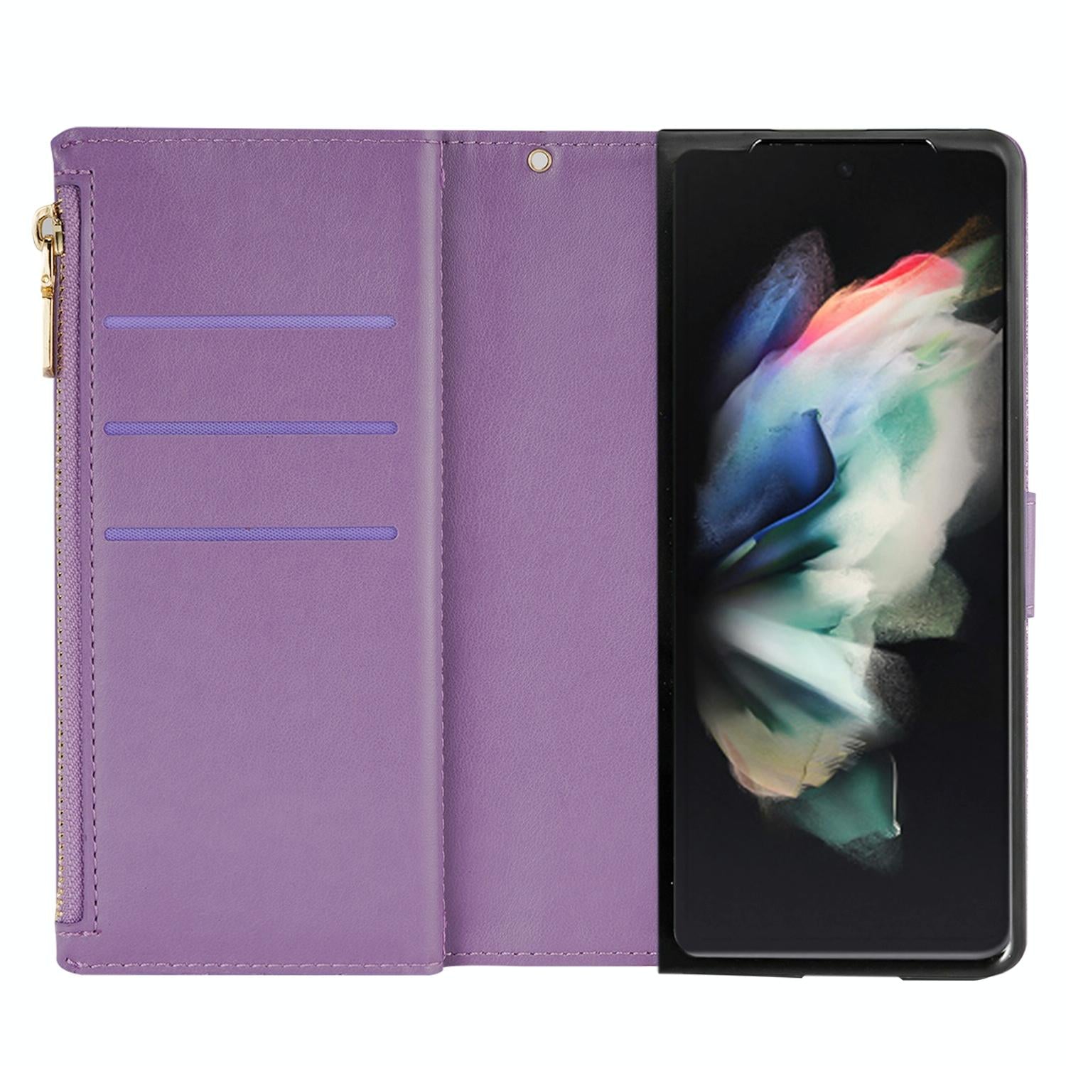 V562-E504564300ADE-202503211426-10 For Samsung Galaxy Z Fold4 5G Sparkling Leather Zip Case - Zipper Closure - Purple - Image 11