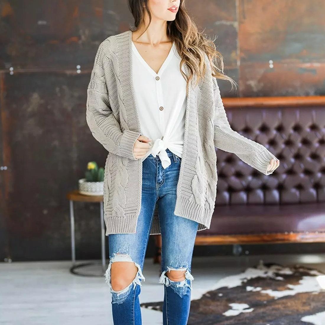V562-EA95537544YZ-202505262052-04 Mid-Length Style Solid Colour Thick Thread Twist Cardigan Knit Sweater Grey - S - Yellow - Image 5