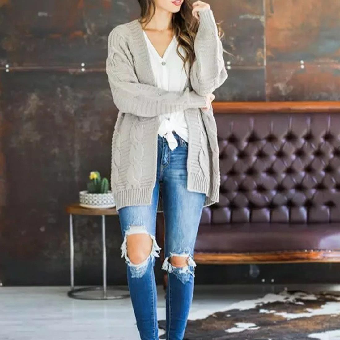 V562-EA95537544YZ-202505262052-05 Mid-Length Style Solid Colour Thick Thread Twist Cardigan Knit Sweater Grey - S - Yellow - Image 6