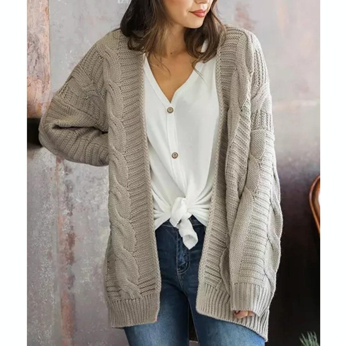 V562-EA95537544YZ-202505262052-06 Mid-Length Style Solid Colour Thick Thread Twist Cardigan Knit Sweater Grey - S - Yellow - Image 7