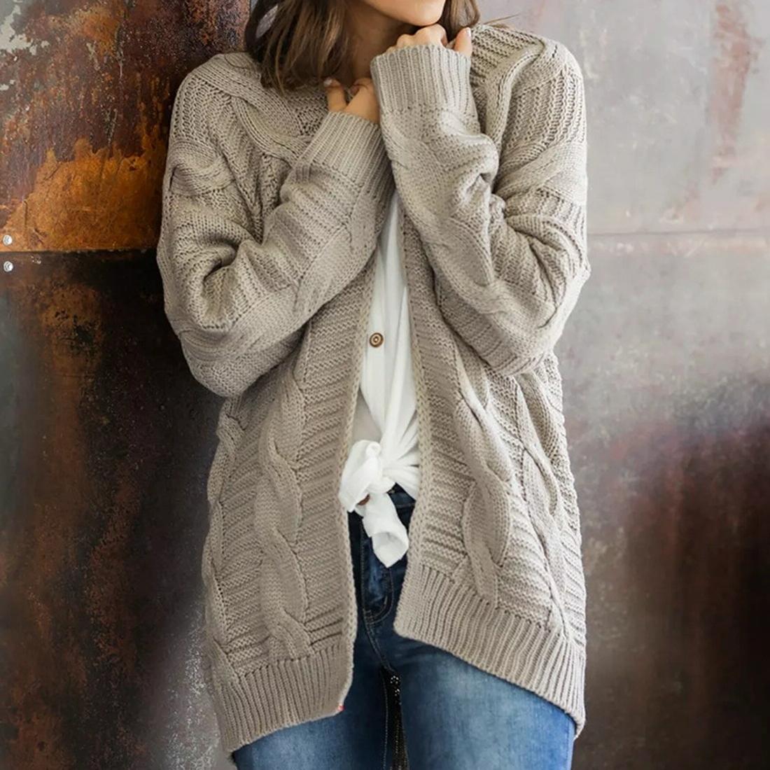 V562-EA95537544YZ-202505262052-07 Mid-Length Style Solid Colour Thick Thread Twist Cardigan Knit Sweater Grey - S - Yellow - Image 8