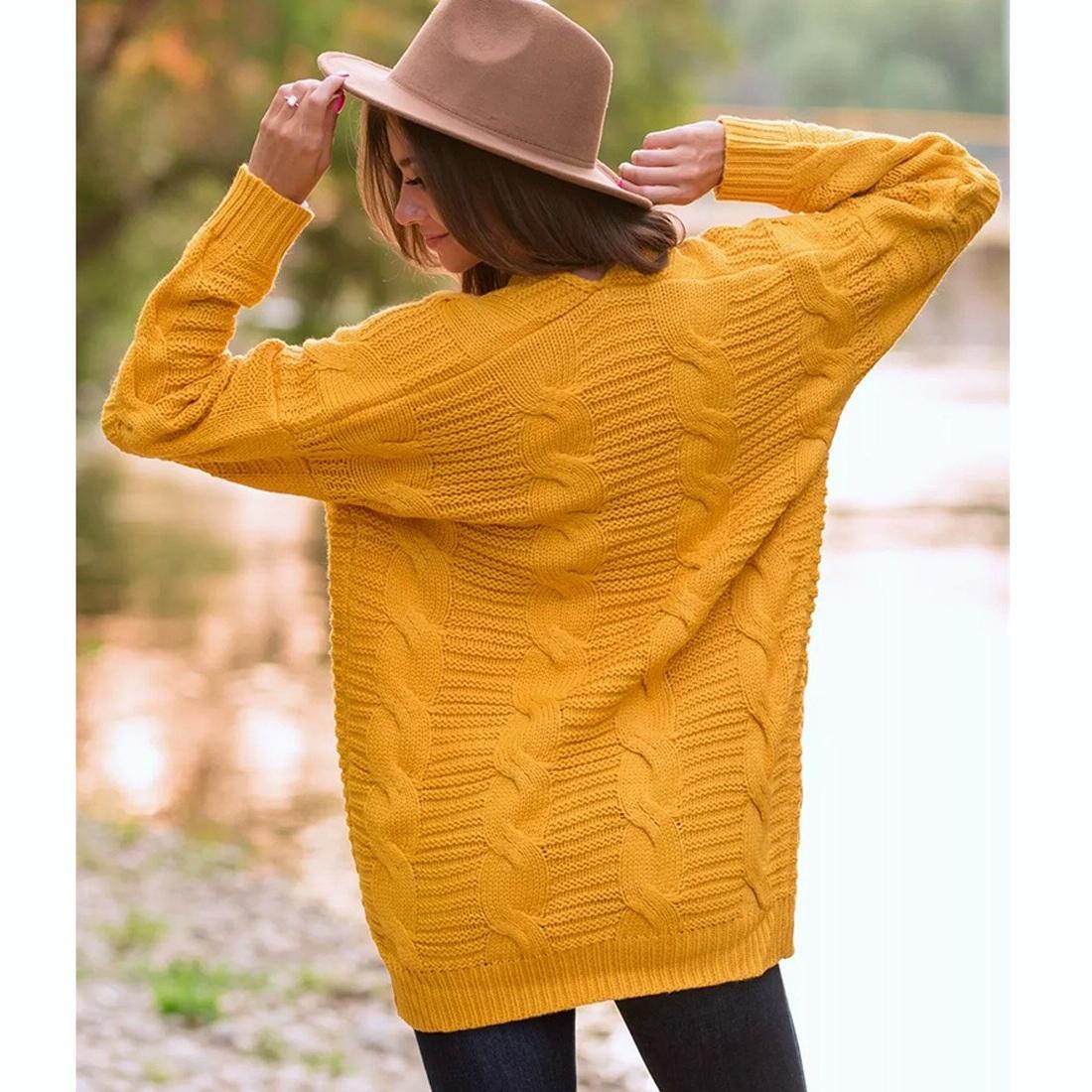 V562-EA95537544YZ-202505262052-13 Mid-Length Style Solid Colour Thick Thread Twist Cardigan Knit Sweater Grey - S - Yellow - Image 14