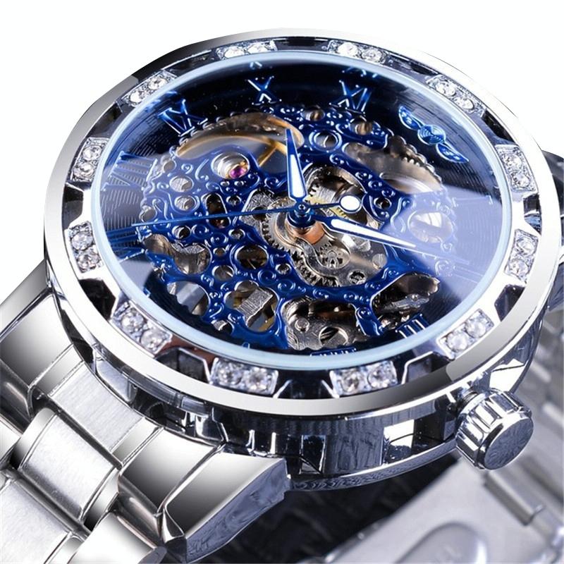 V562-F1022033060DBT-202505271230-00 Men Skeleton Diamond Mechanical Watch - Luminous Pointer - Silver Belt Silver Shell Blue Face - Image 1