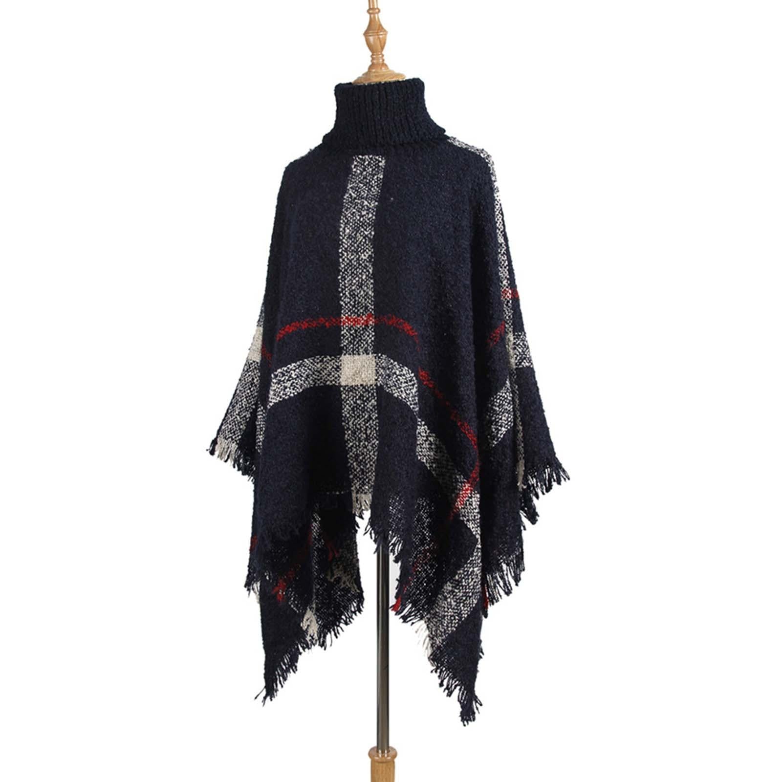 V562-F1051504450DBT-202505262027-02 Women Mid-Length Turtleneck Sweater Fringed Cloak Shawl - Size Free Size - Khaki - Image 3