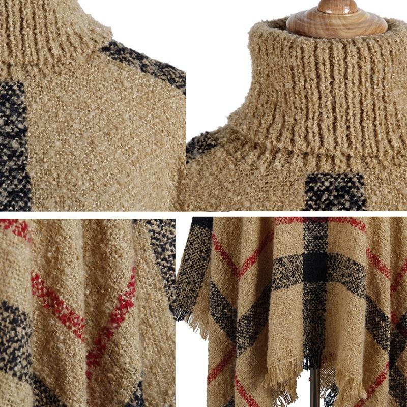 V562-F1051504450DBT-202505262027-03 Women Mid-Length Turtleneck Sweater Fringed Cloak Shawl - Size Free Size - Khaki - Image 4