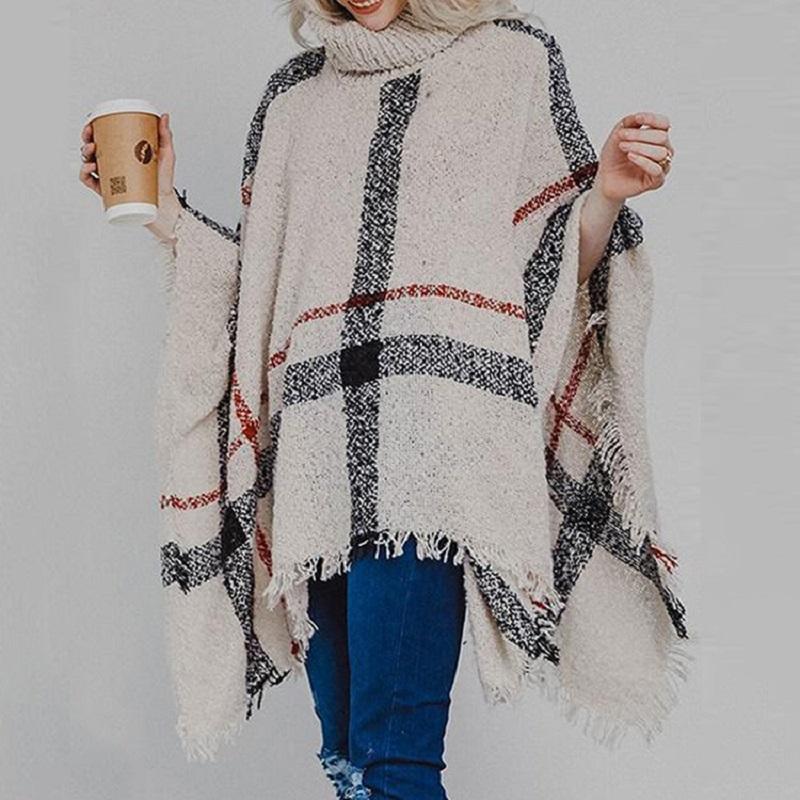 V562-F1051504450DBT-202505262027-04 Women Mid-Length Turtleneck Sweater Fringed Cloak Shawl - Size Free Size - Khaki - Image 5
