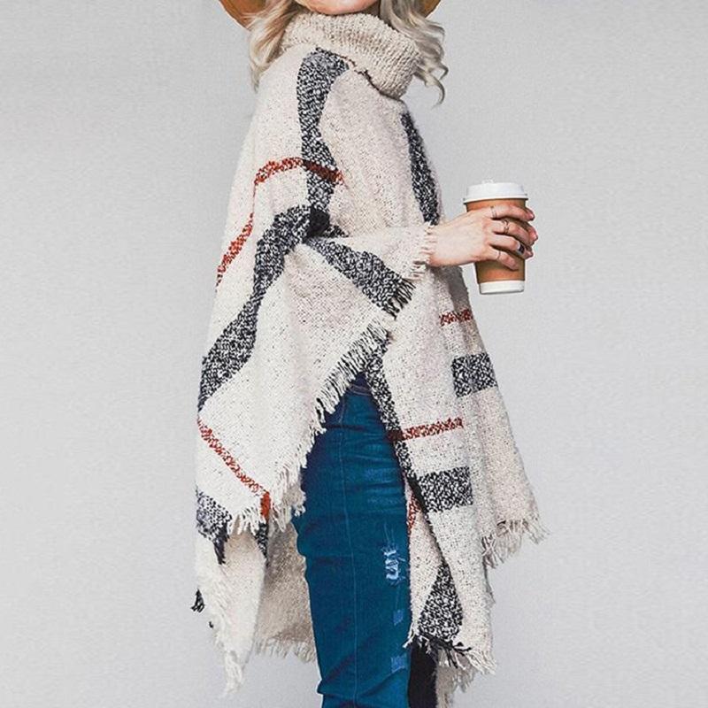 V562-F1051504450DBT-202505262027-05 Women Mid-Length Turtleneck Sweater Fringed Cloak Shawl - Size Free Size - Khaki - Image 6