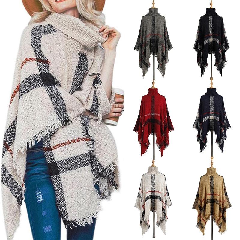 V562-F1051504450DBT-202505262027-06 Women Mid-Length Turtleneck Sweater Fringed Cloak Shawl - Size Free Size - Khaki - Image 7